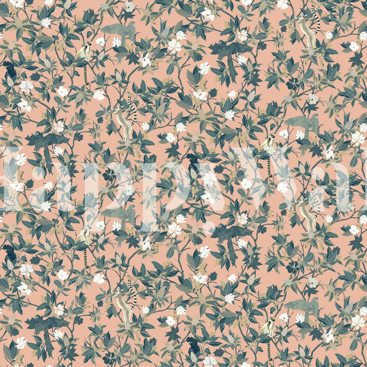 Pink magnolias and lemurs pattern wallpaper