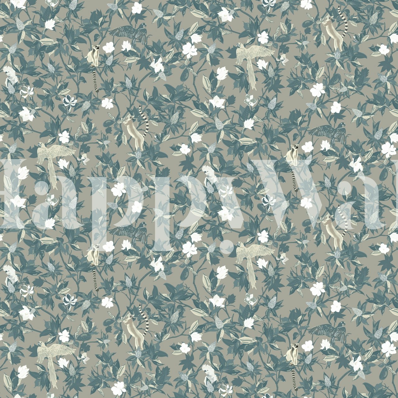 Lemurs and magnolias wallpaper in a room