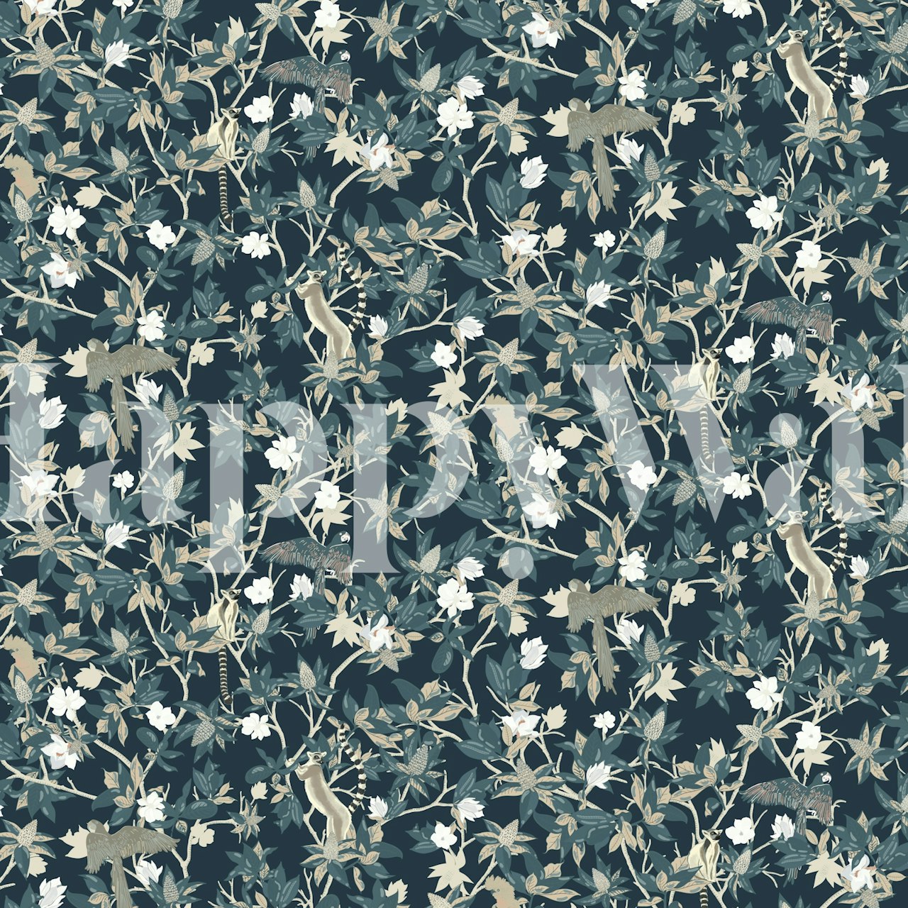 Lemurs and magnolias design in navy blue wallpaper