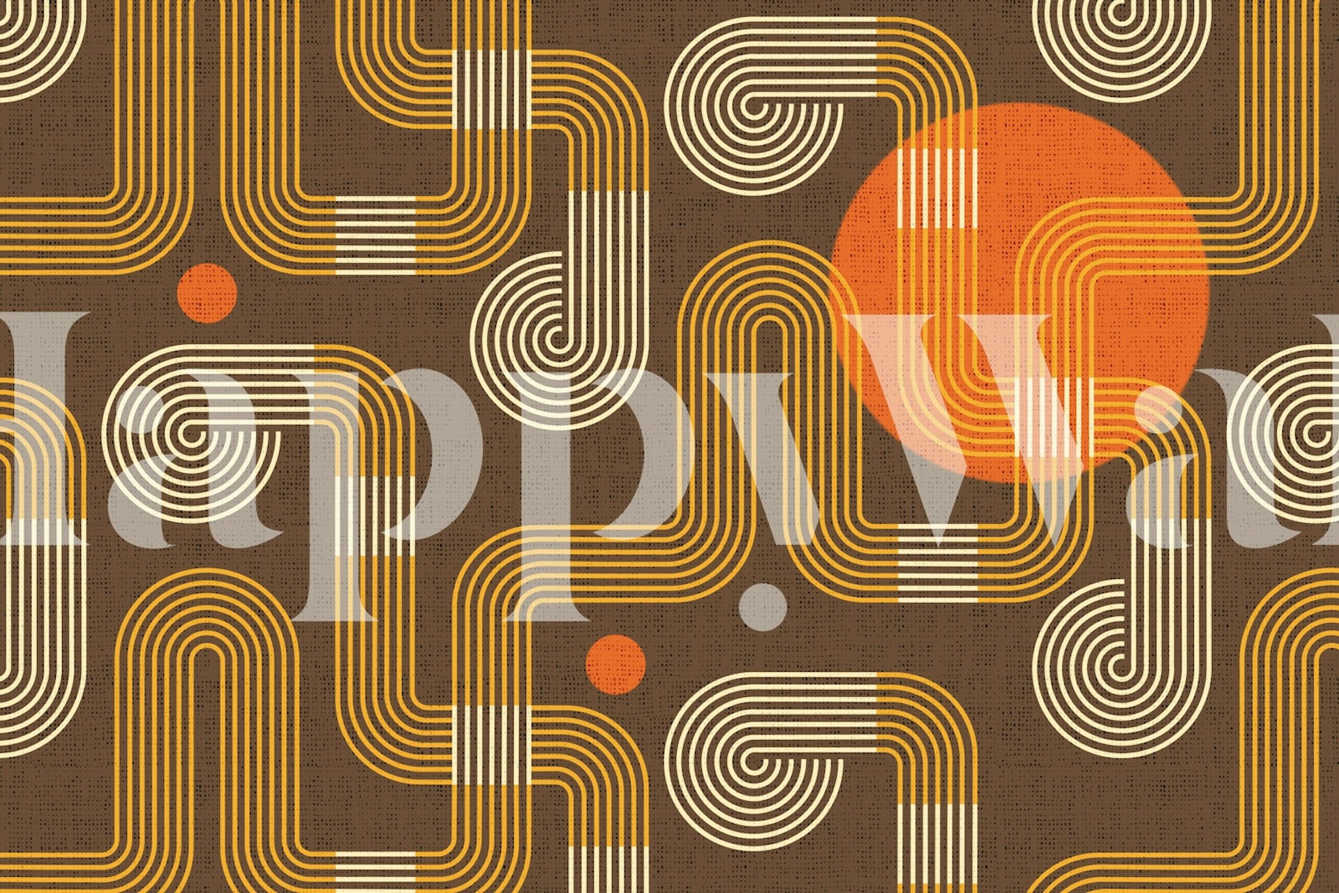 Brown retro loops and lines wallpaper with orange accents