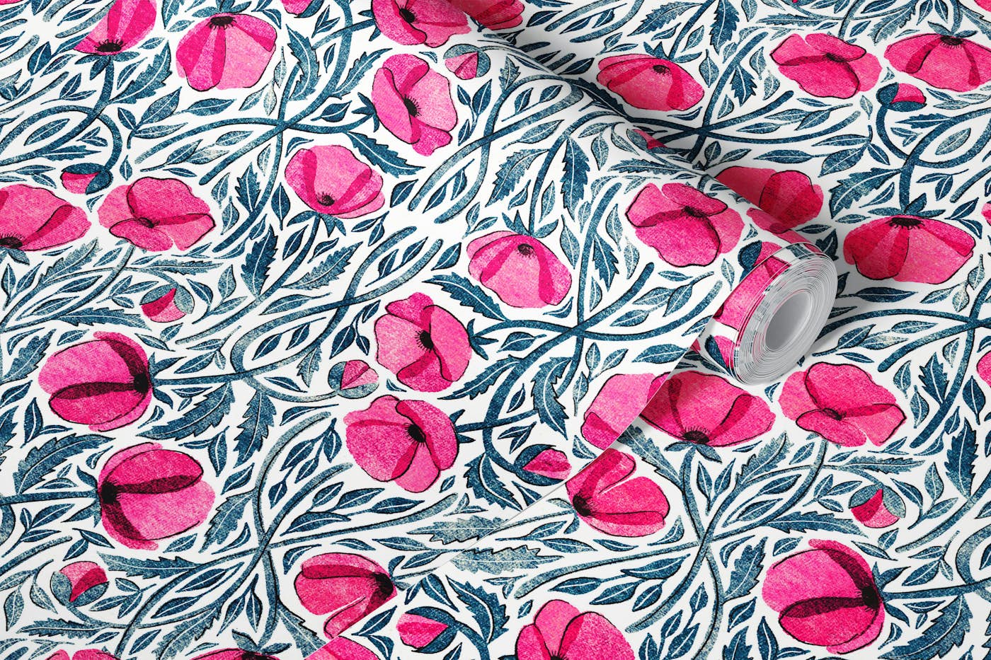 Romantic Hot Pink Poppies on White wallpaper roll