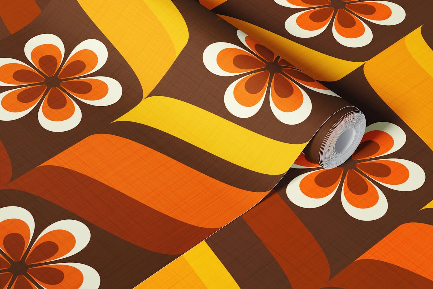 70s Groovy Flowers Waves Warm Earth Tone wallpaper roll
