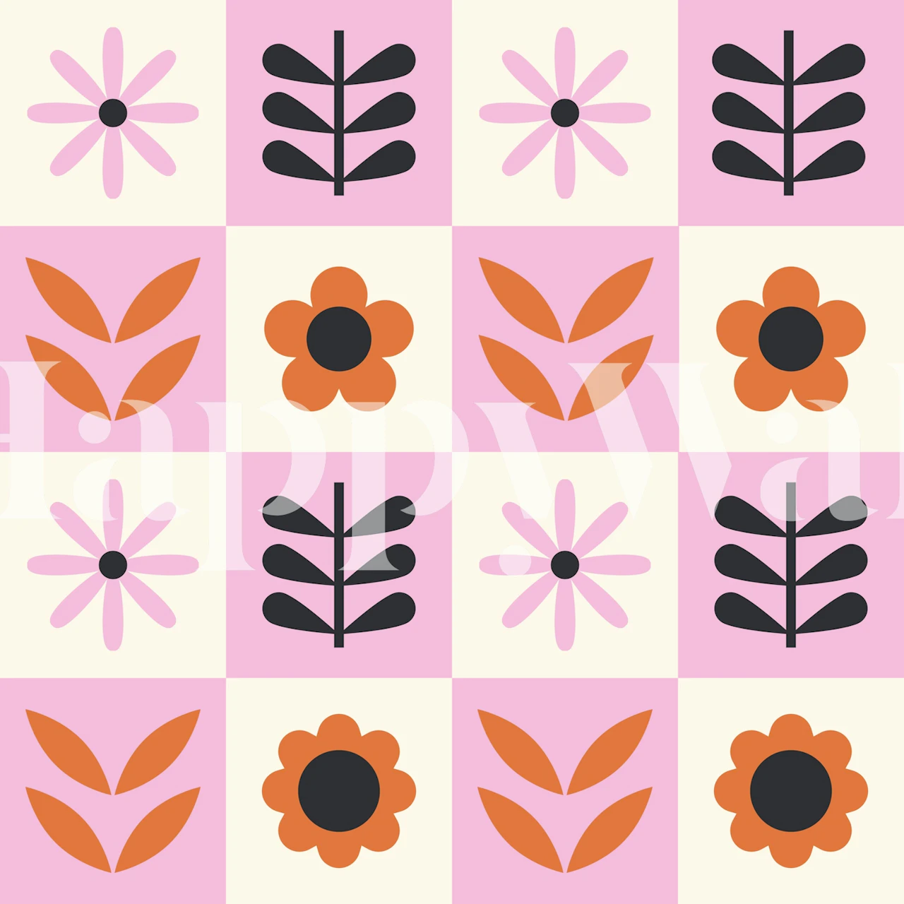 Retro floral grids wallpaper with pink and orange flowers and leaves