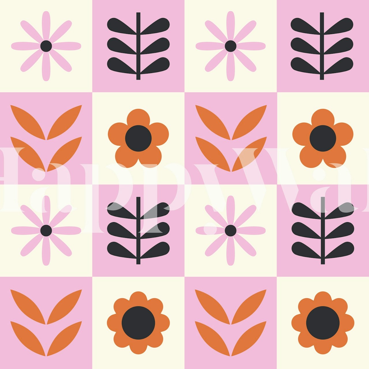 Retro floral grids wallpaper with pink and orange flowers and leaves