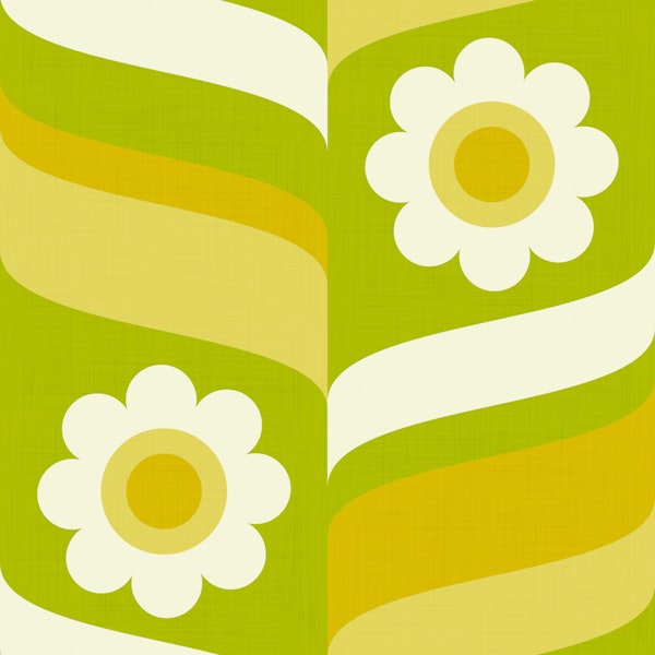 70s Groovy Daisies Waves Green Chartreuse