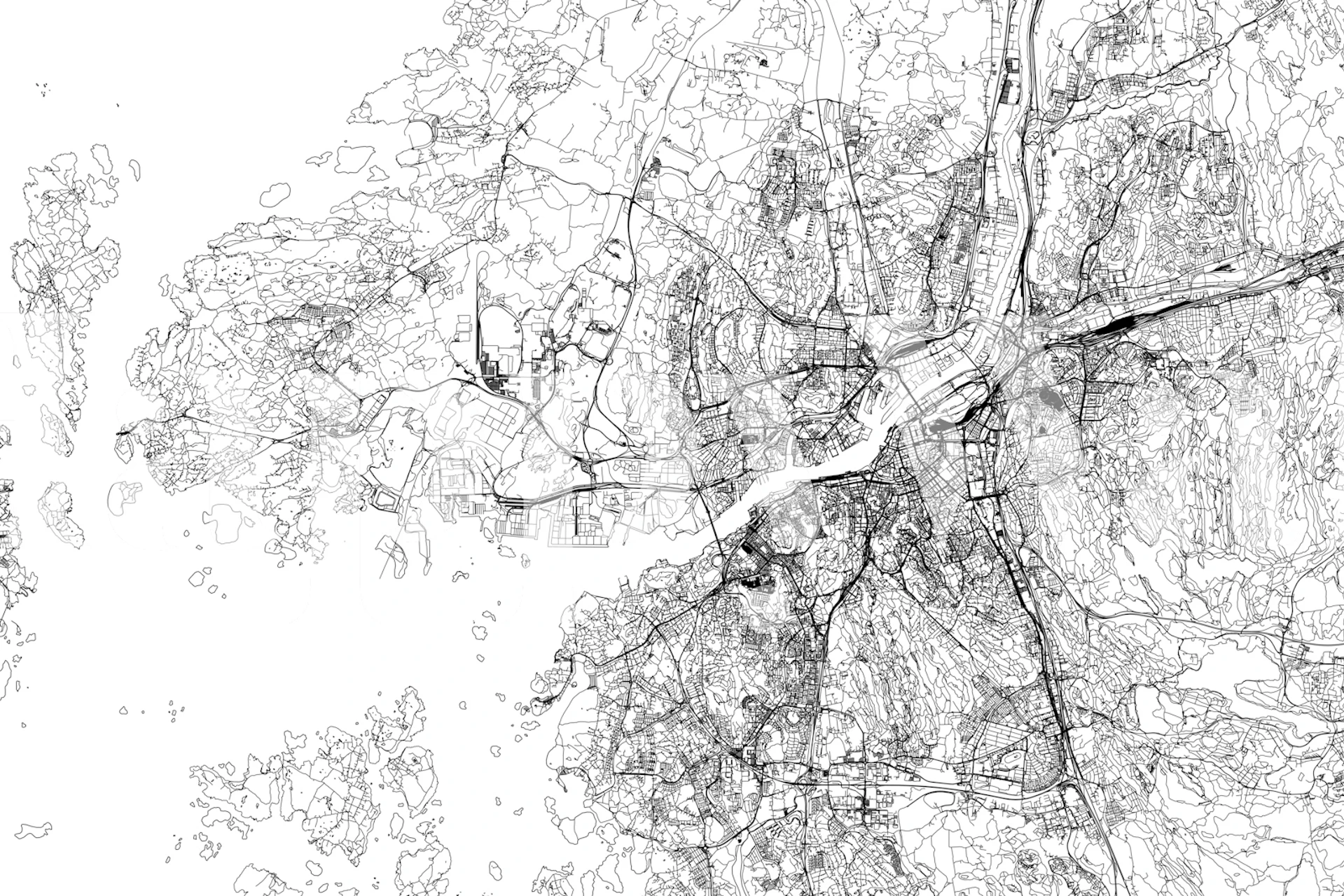 Black and white map of Gothenburg city, detailed lines wallpaper