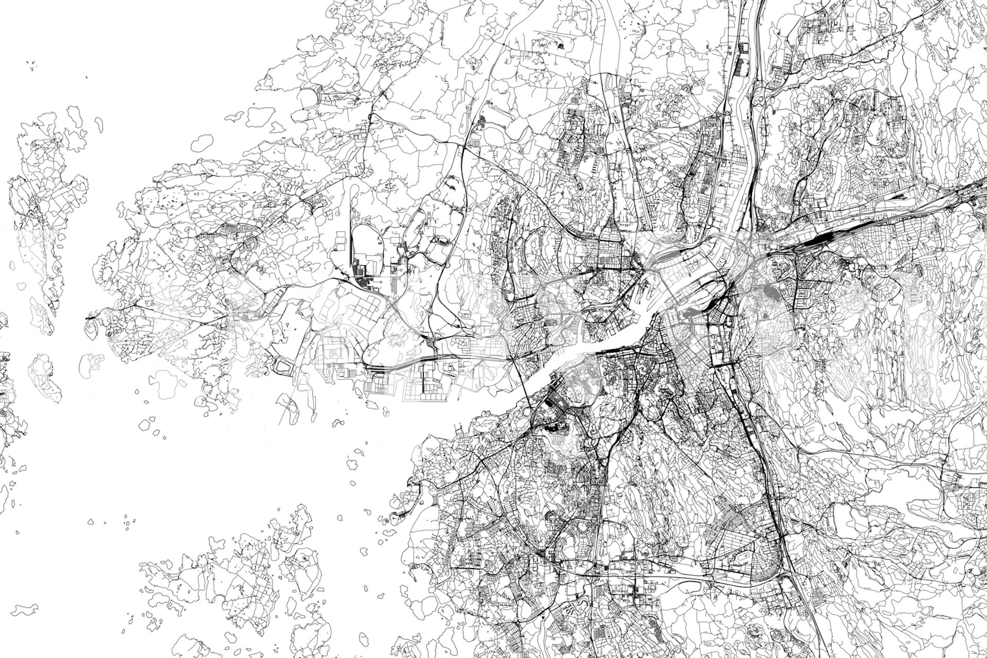 Black and white map of Gothenburg city, detailed lines wallpaper
