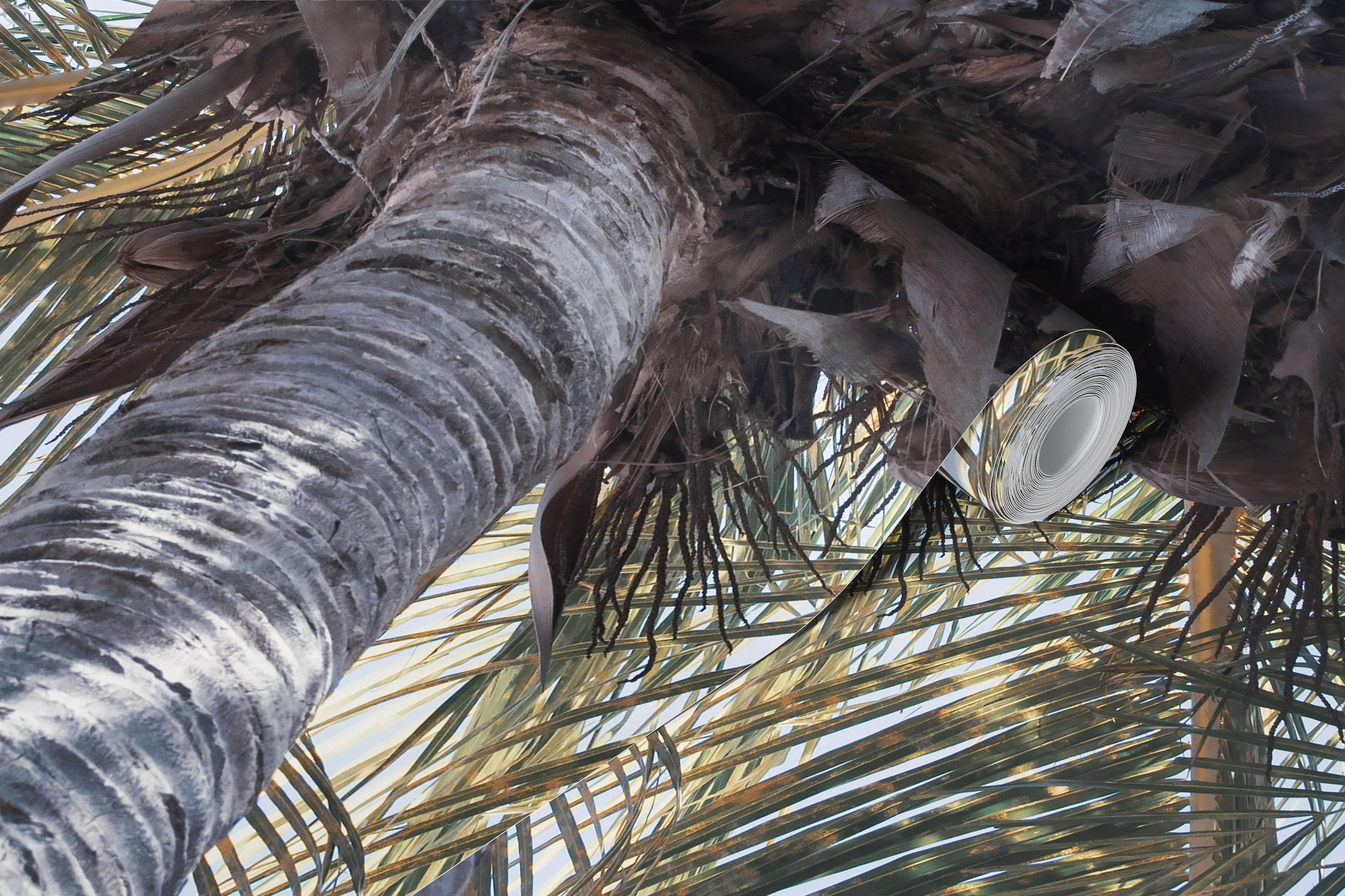 Tropical palm leaves in green and gold tones wallpaper