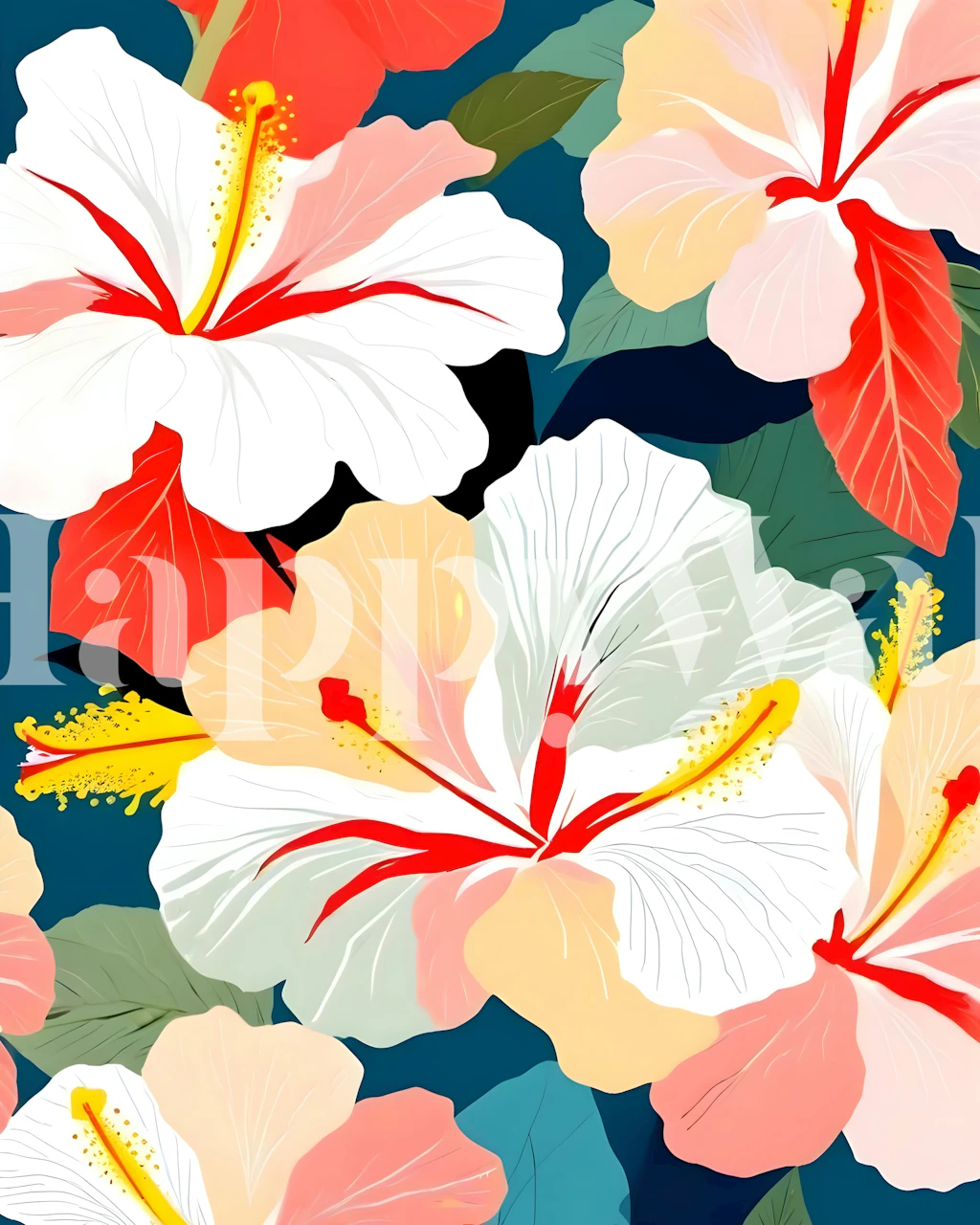 Lush hibiscus flowers in vibrant colors on dark background wallpaper