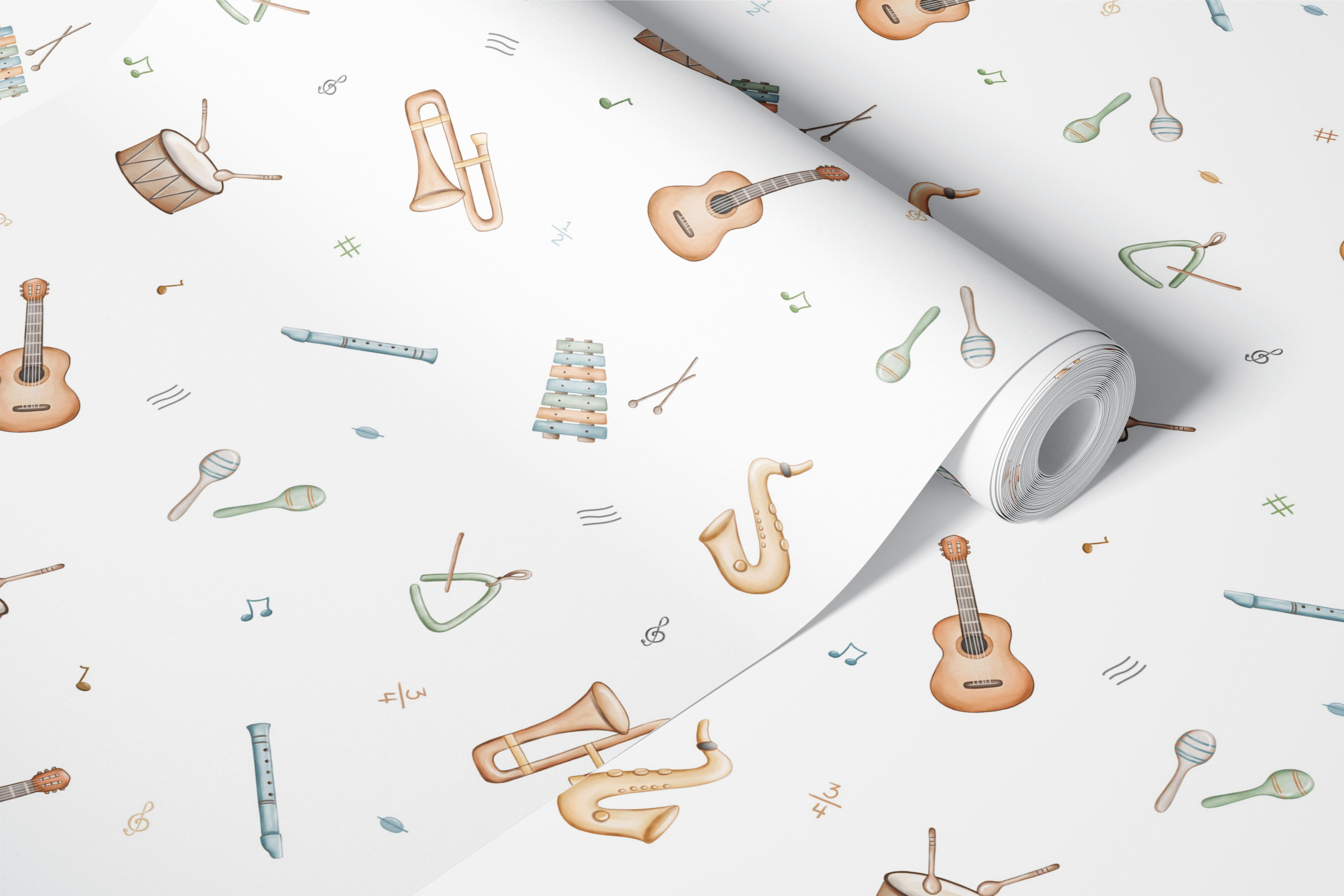 Musical instruments including guitar, drums, and saxophone on white background wallpaper