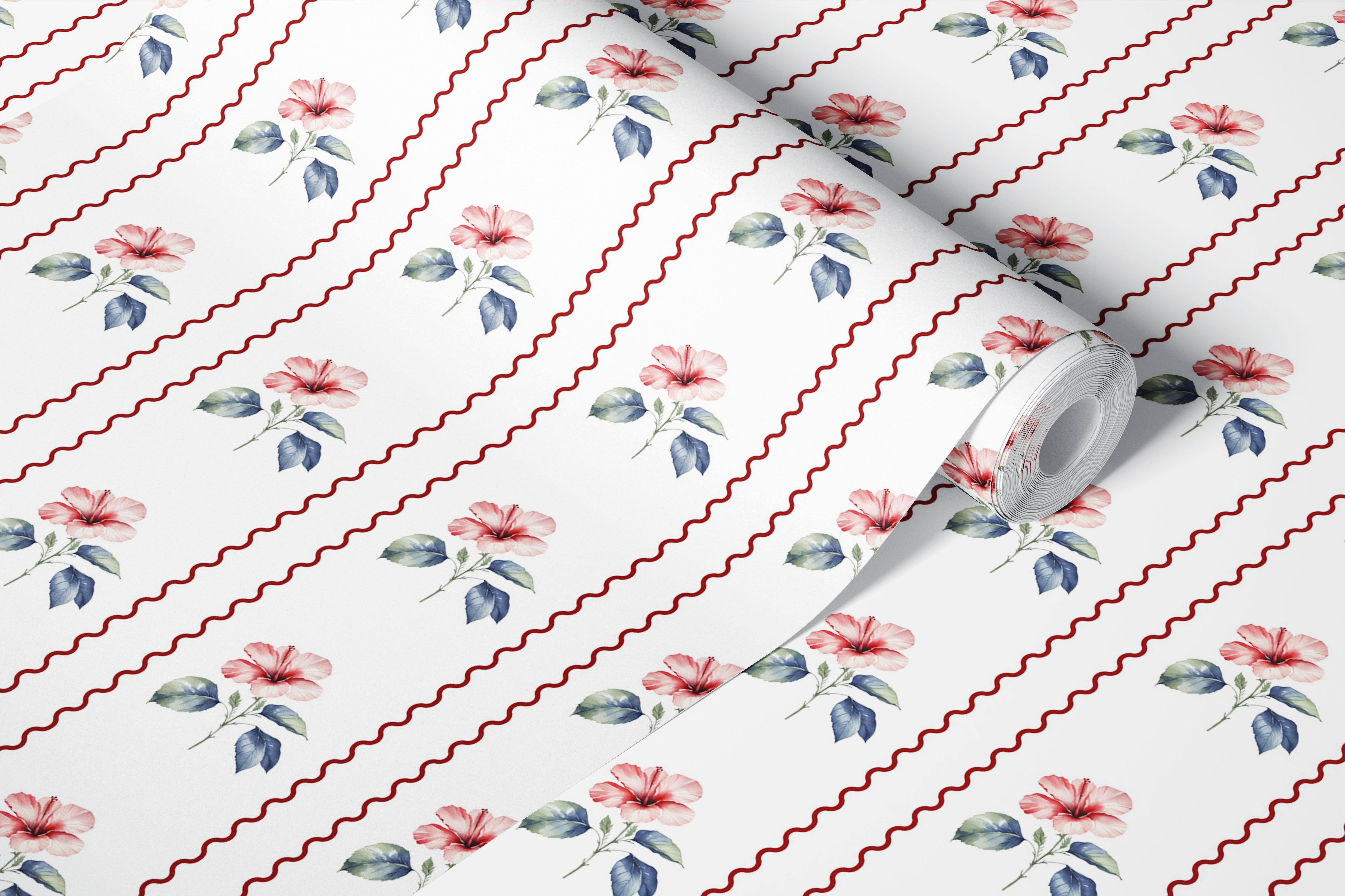 Watercolor hibiscus flowers with green leaves on white striped wallpaper