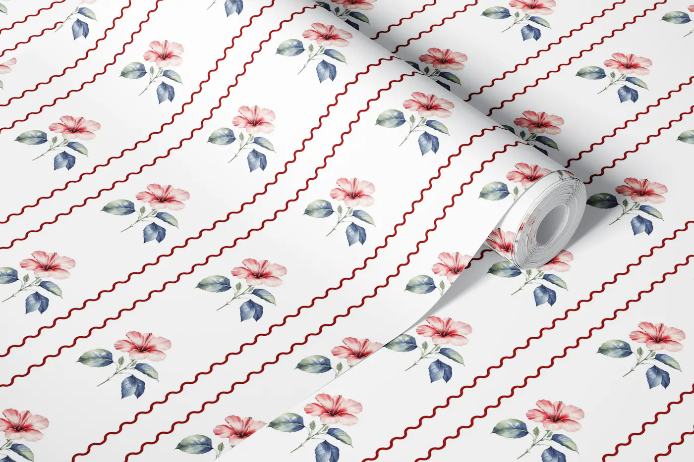 Watercolor Hibiscus Stripes wallpaper roll