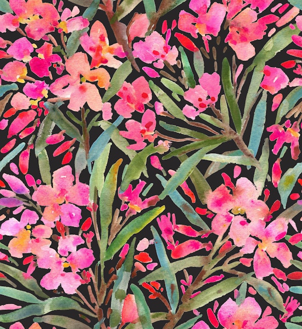 Oleander Flowers and Leaves Black