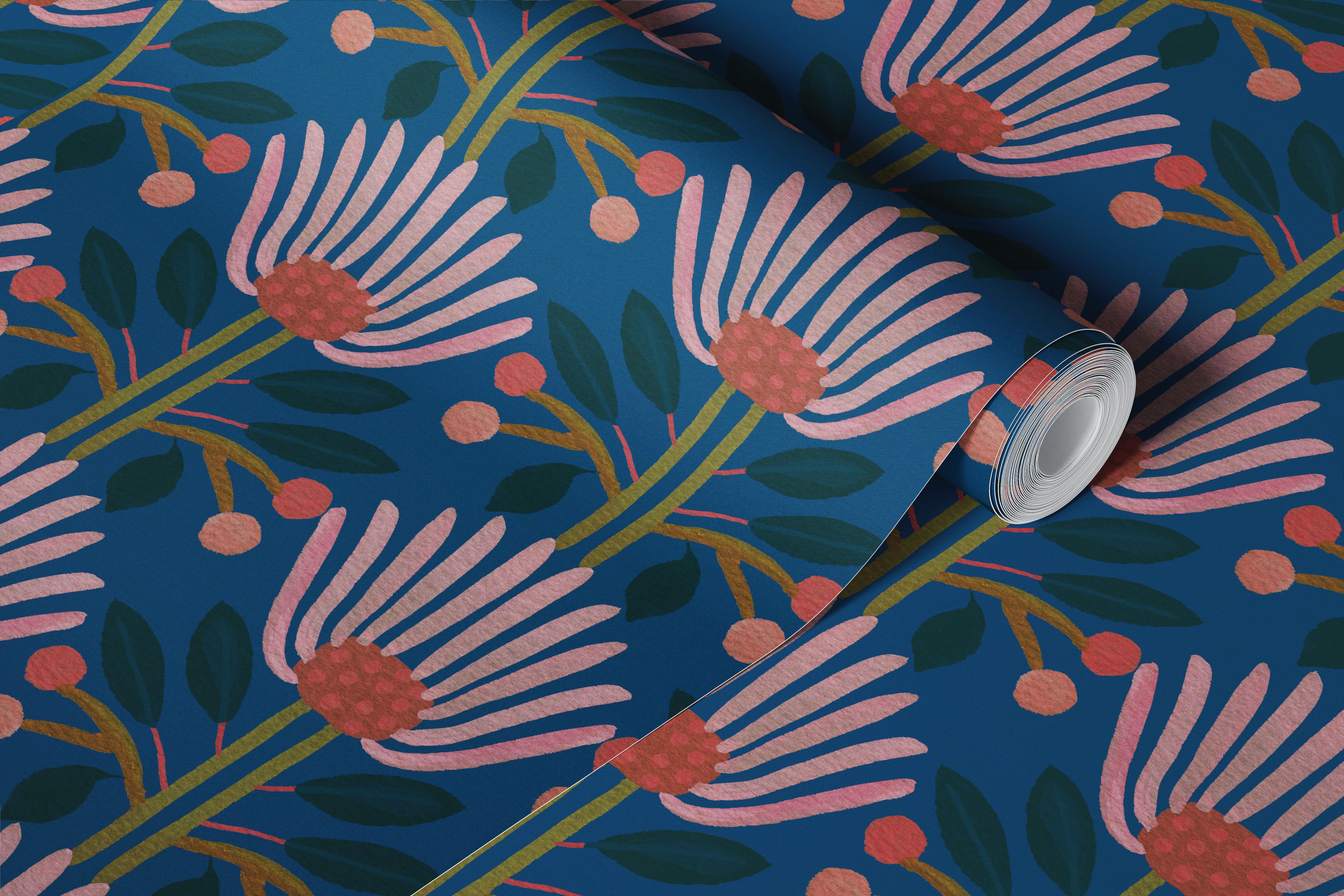 Vintage Retro Florals Denim Blue wallpaper in a room