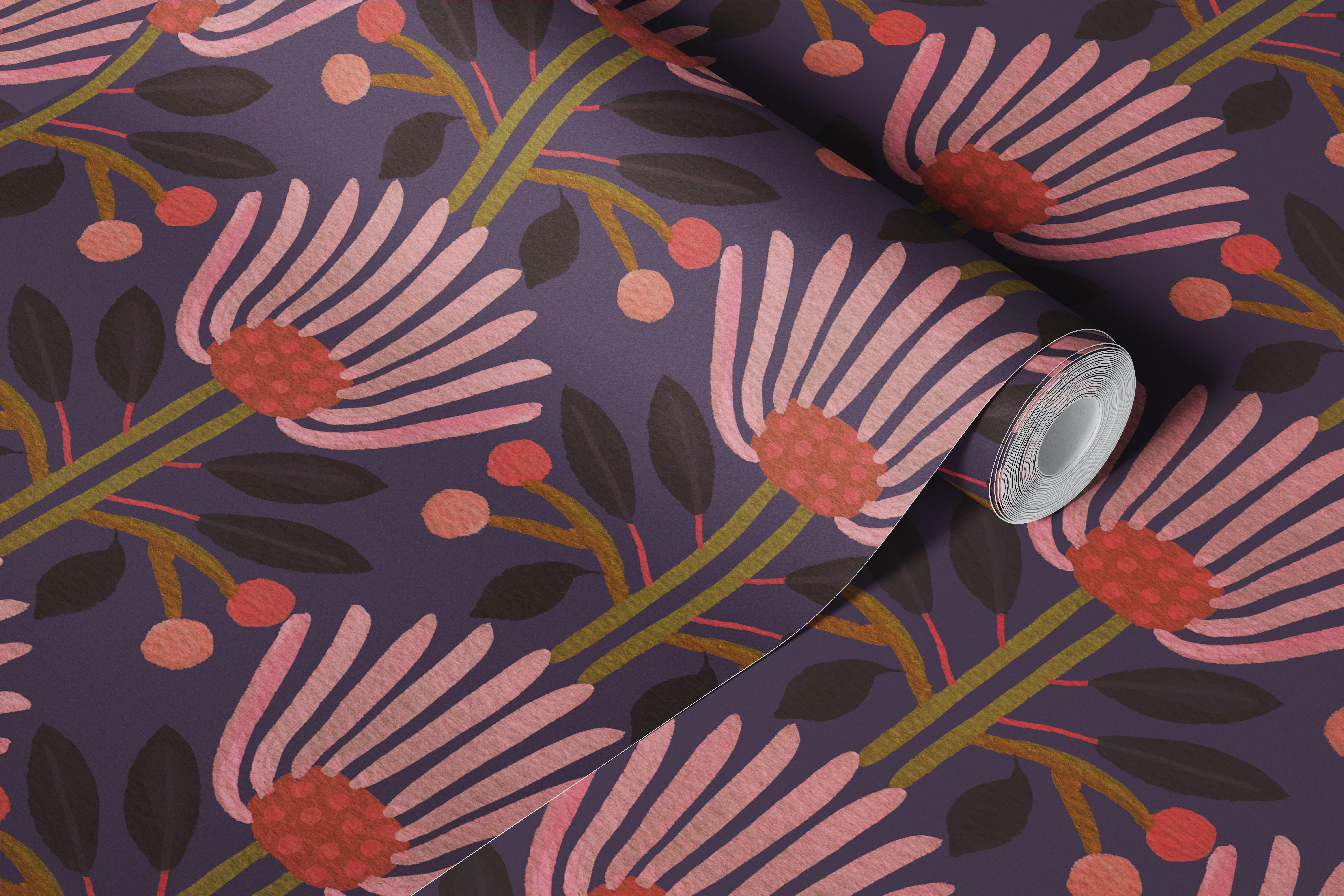 Bold pink and purple floral pattern wallpaper