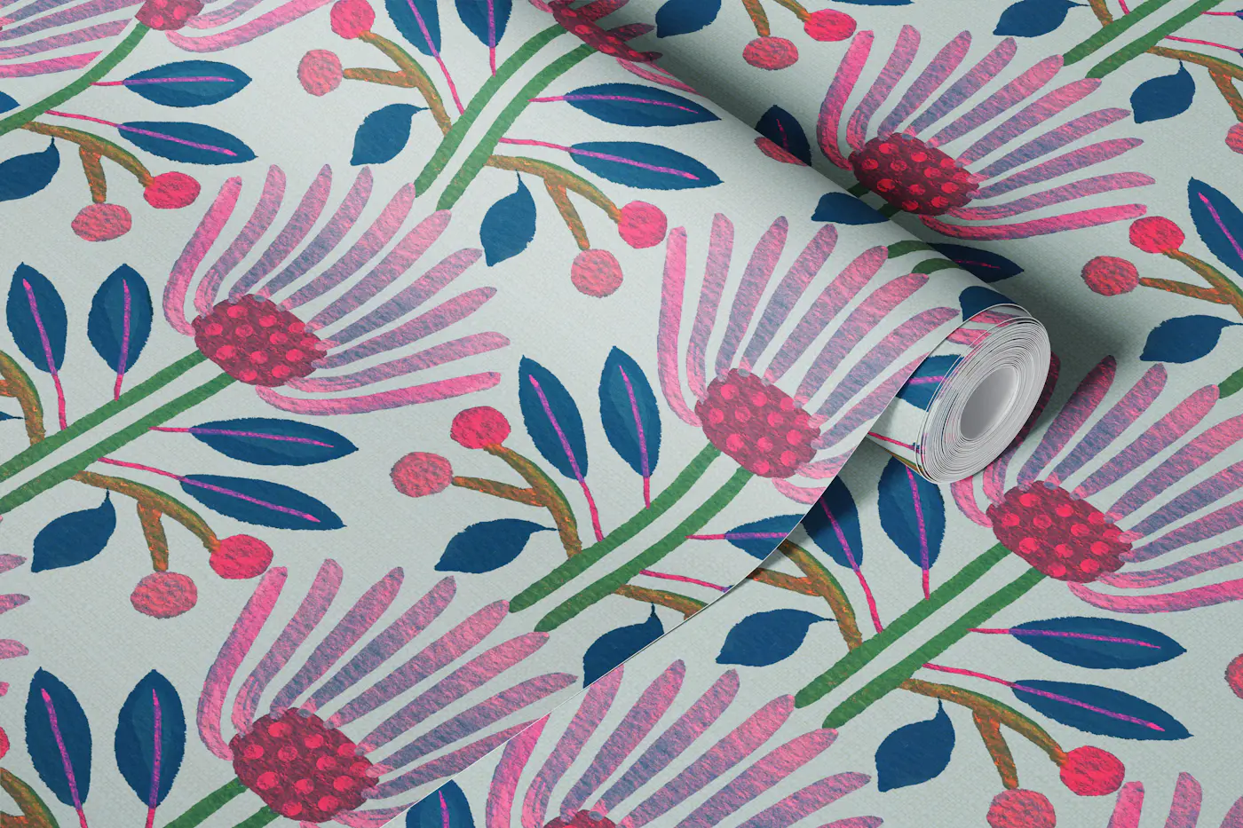 Vintage Retro Florals Light Blue wallpaper roll