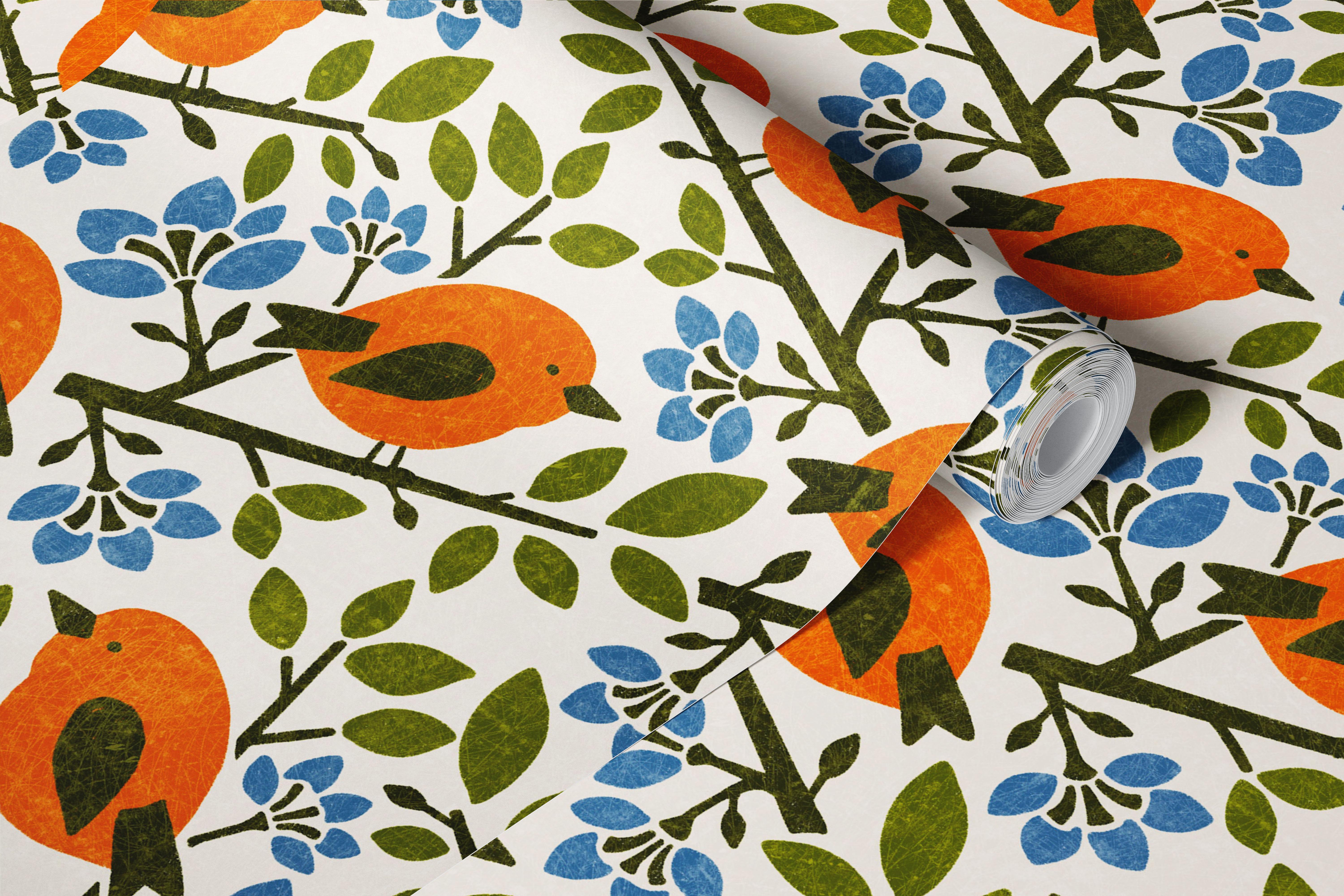 Red birds with green leaves and blue flowers wallpaper