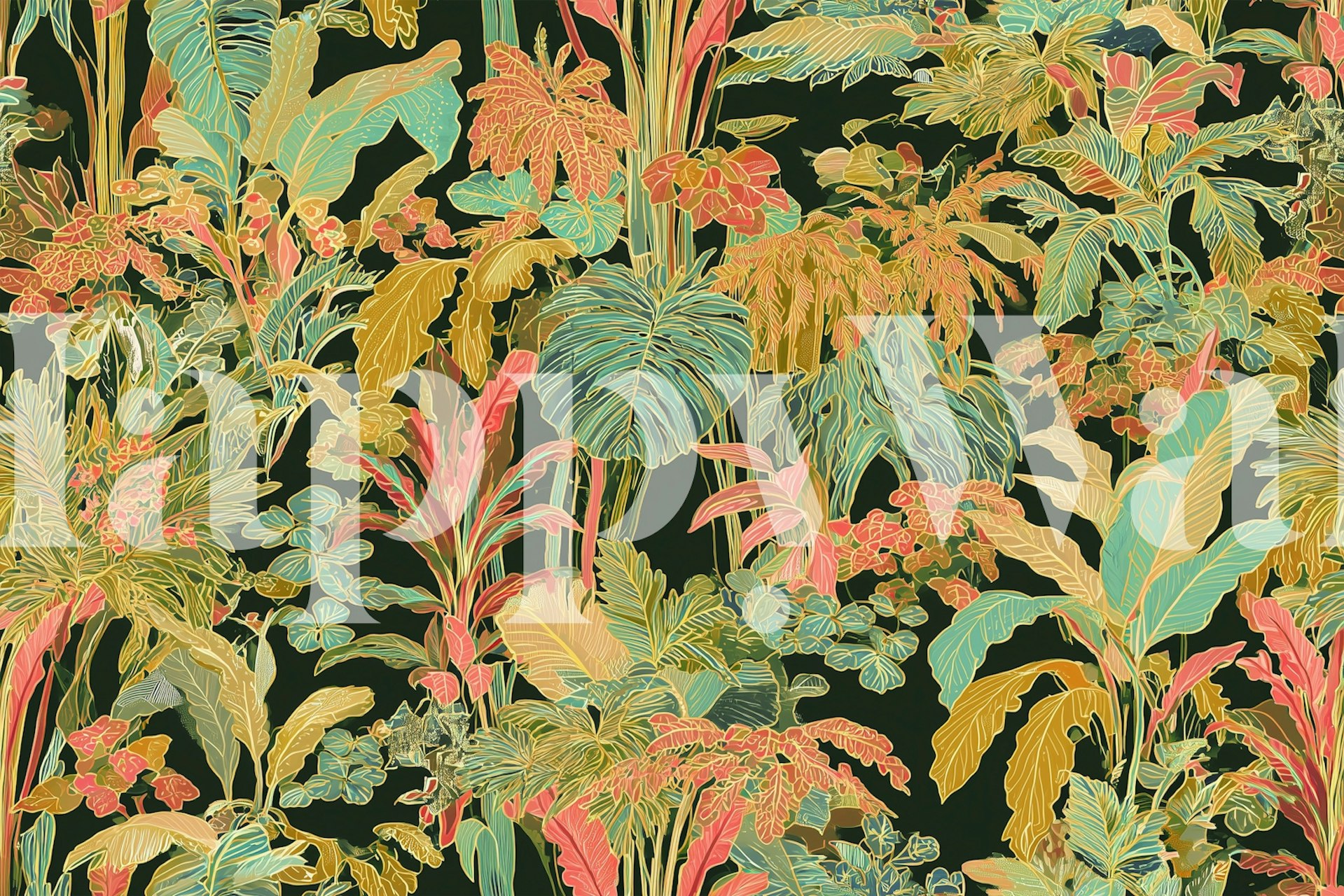 Tropical leaves and flowers in green, gold, and coral wallpaper