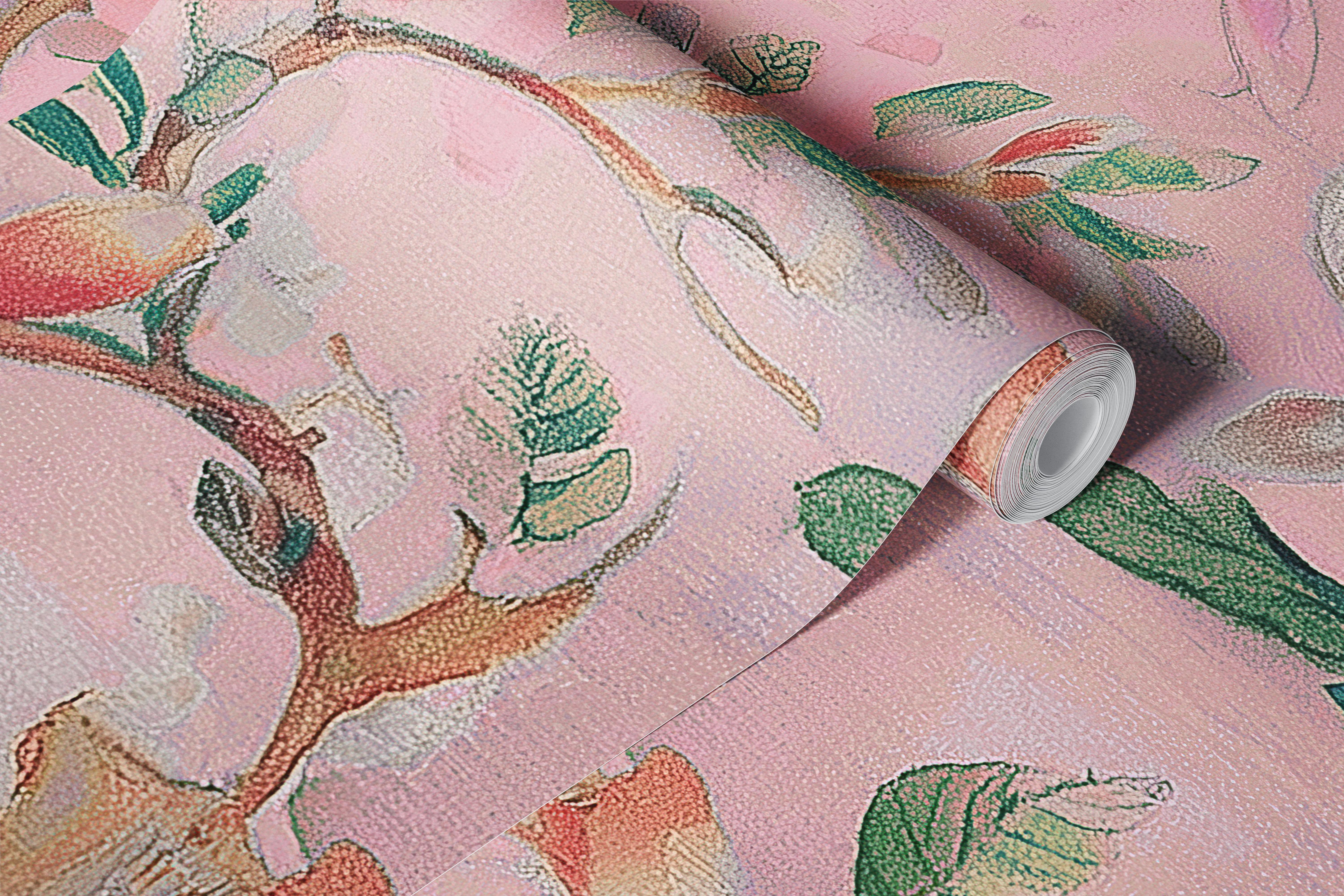 Pink room with peacock and magnolia wallpaper