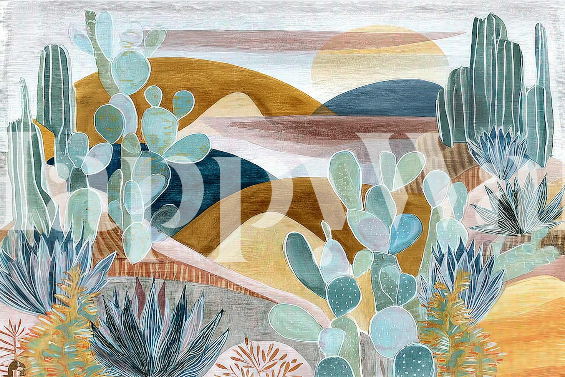 Desert landscape wallpaper featuring cacti and rolling hills in soft earthy colors