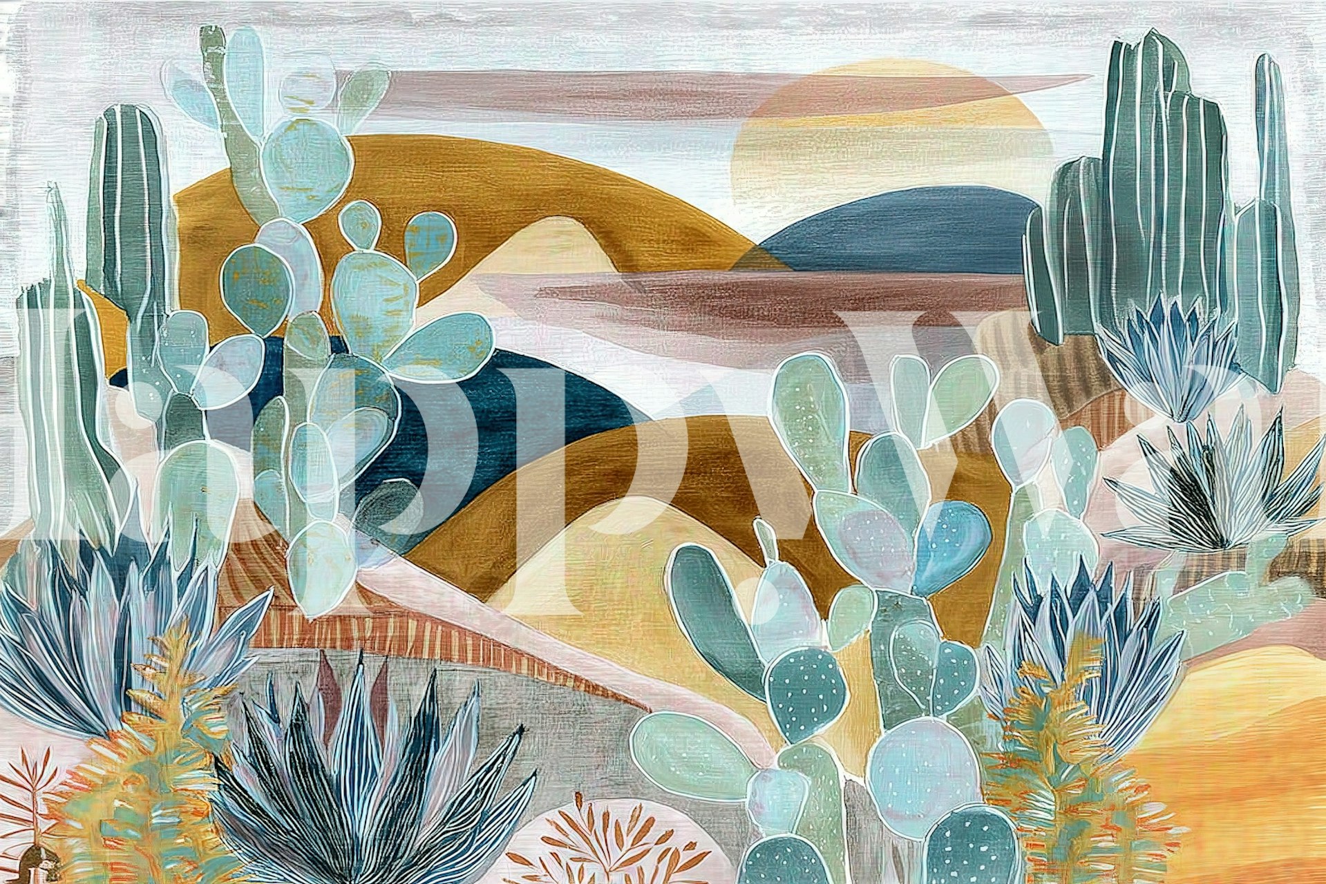 Desert landscape wallpaper featuring cacti and rolling hills in soft earthy colors