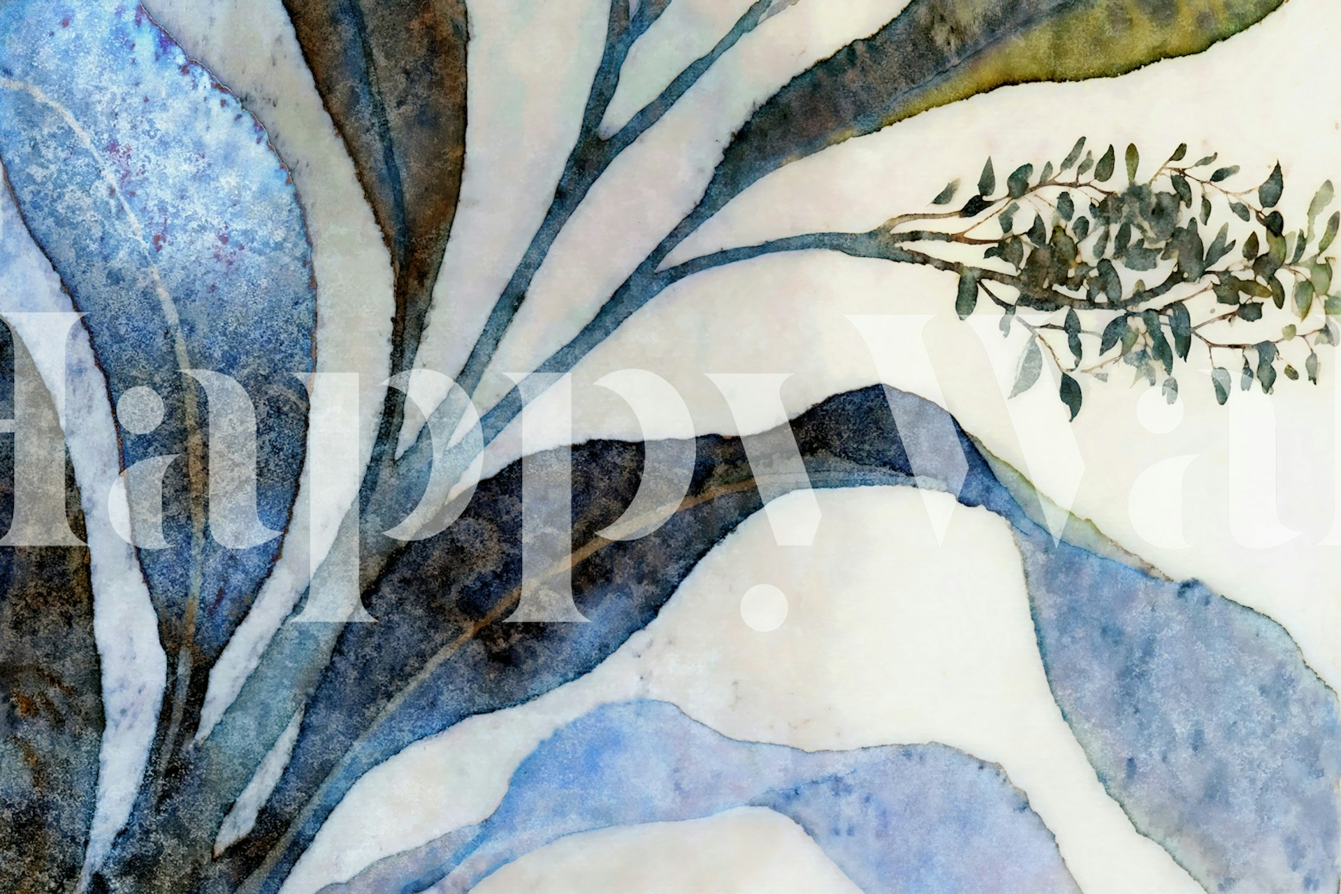 Papier peint Mystical Blue Leaves dans une pièce