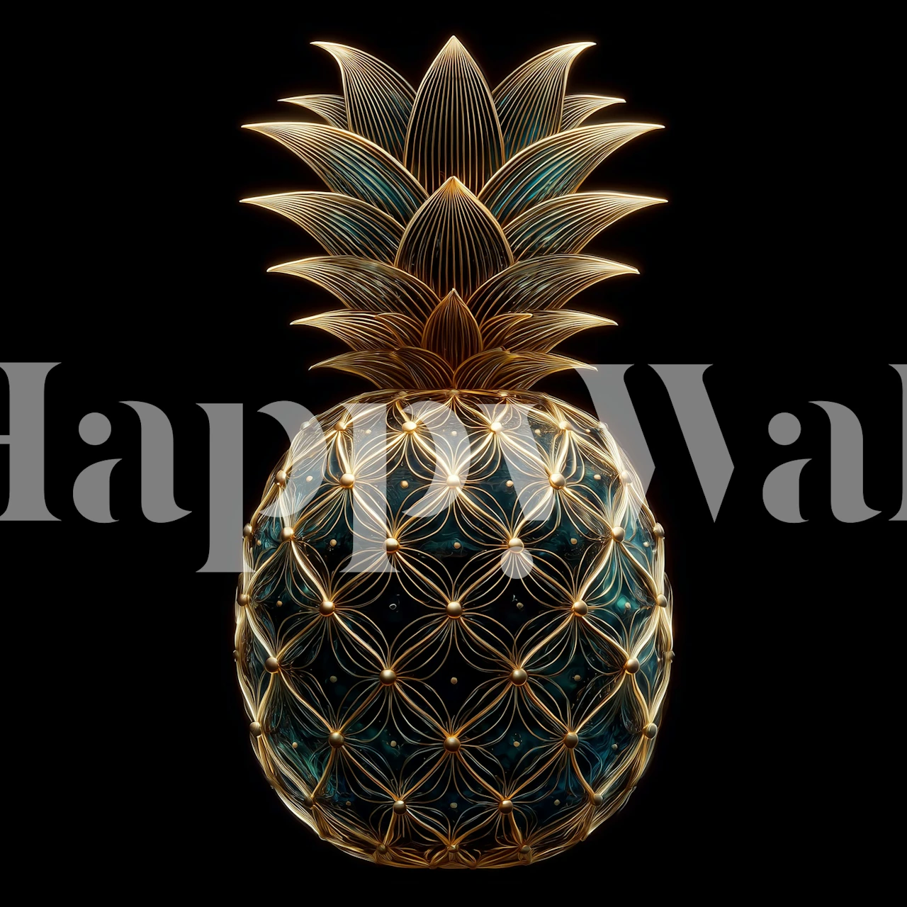 Papel de parede Golden Pineapple Art em um quarto moderno