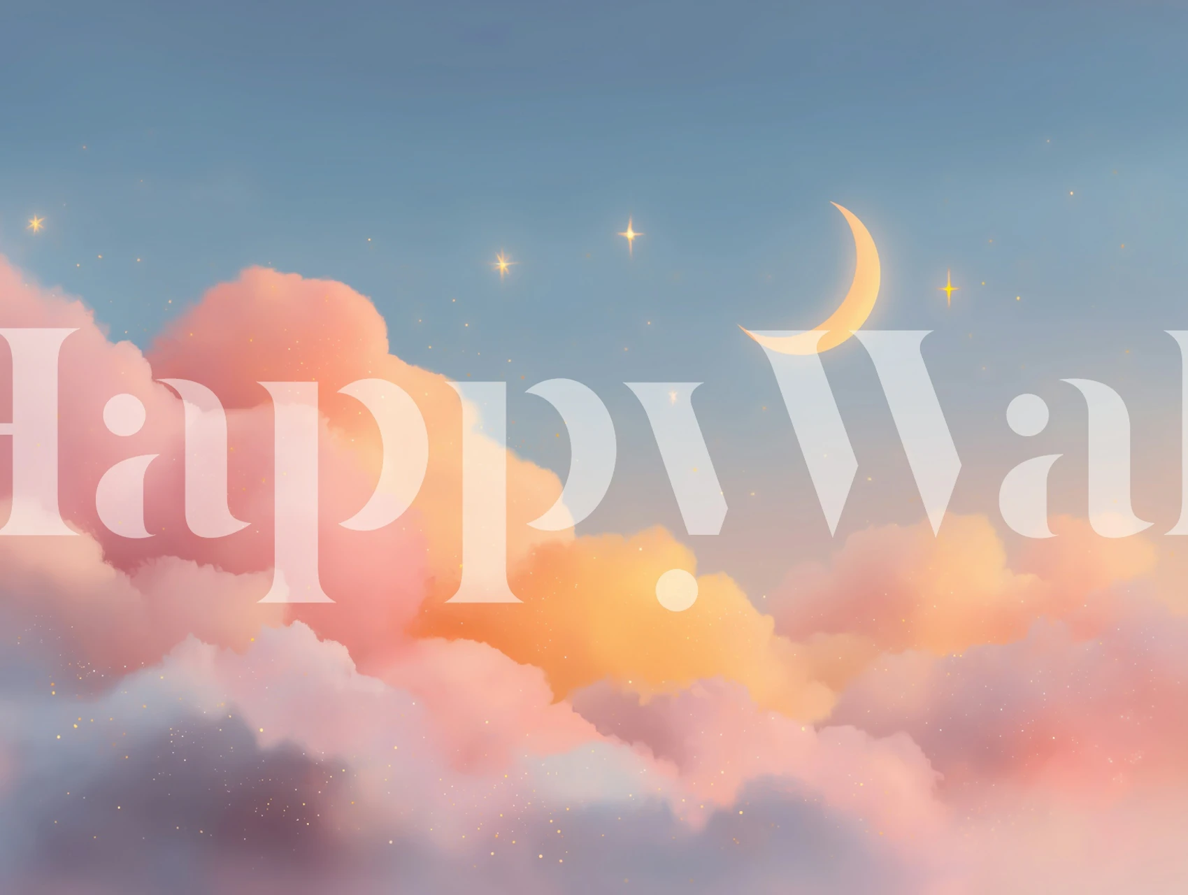 Soft pink and blue clouds with a crescent moon and stars wallpaper