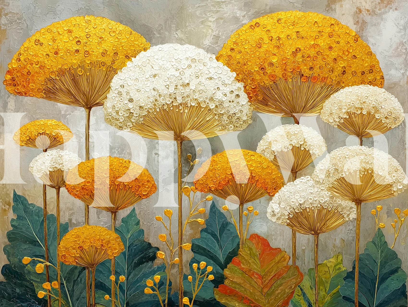 Golden field with large yellow and white flowers and green leaves wallpaper