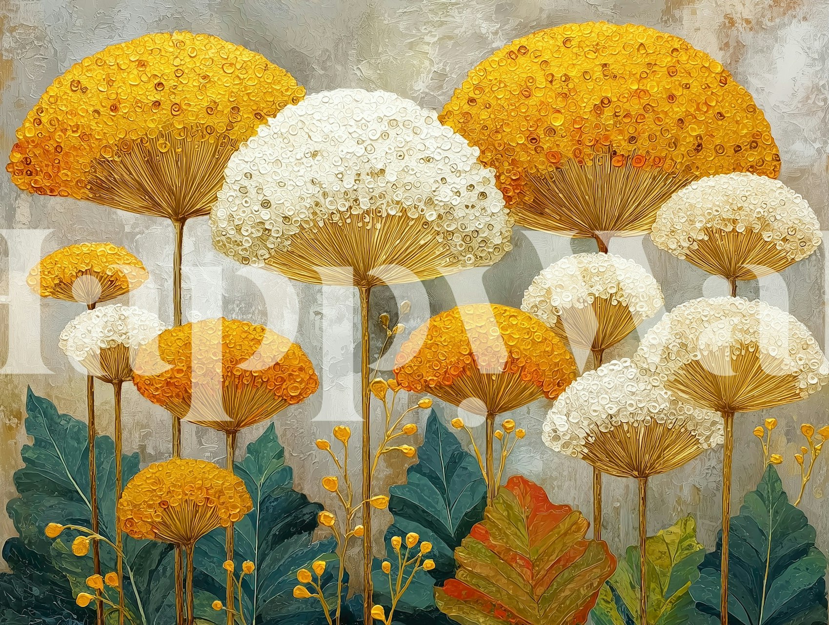 Golden field with large yellow and white flowers and green leaves wallpaper