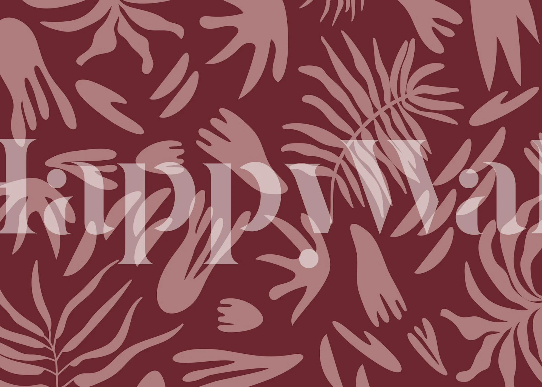 Abstract botanical motifs in muted pink on deep red wallpaper