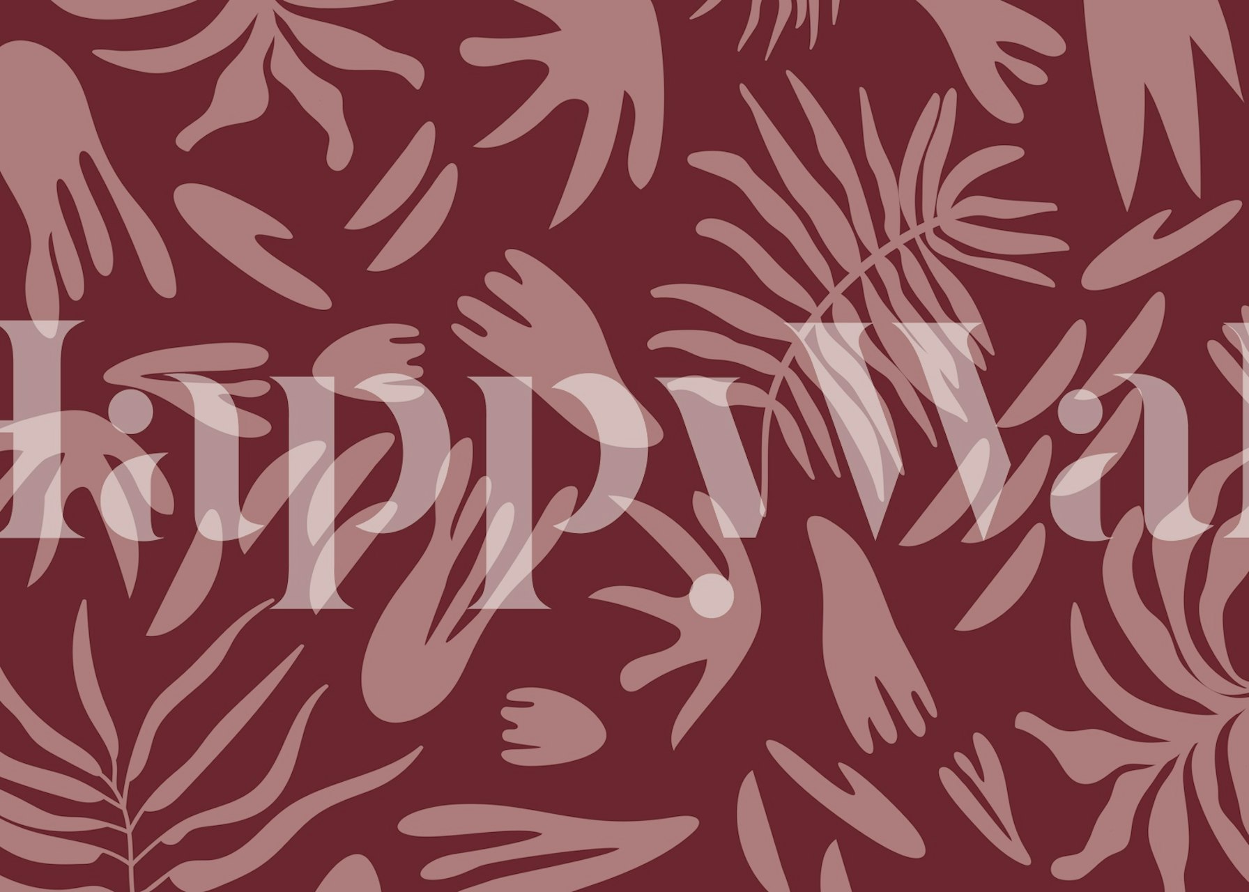 Abstract botanical motifs in muted pink on deep red wallpaper