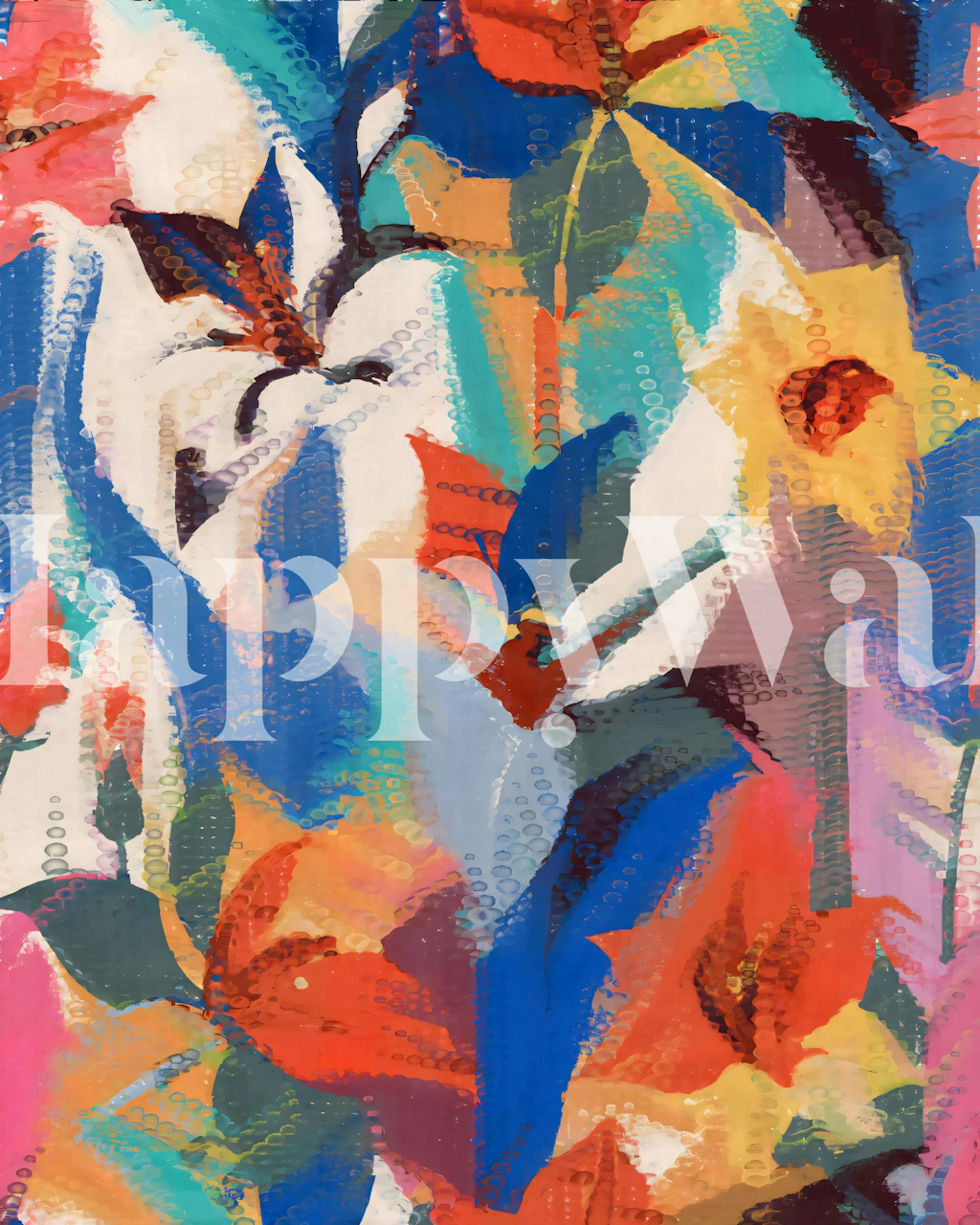 Vibrant floral pattern with bold colors and abstract shapes wallpaper