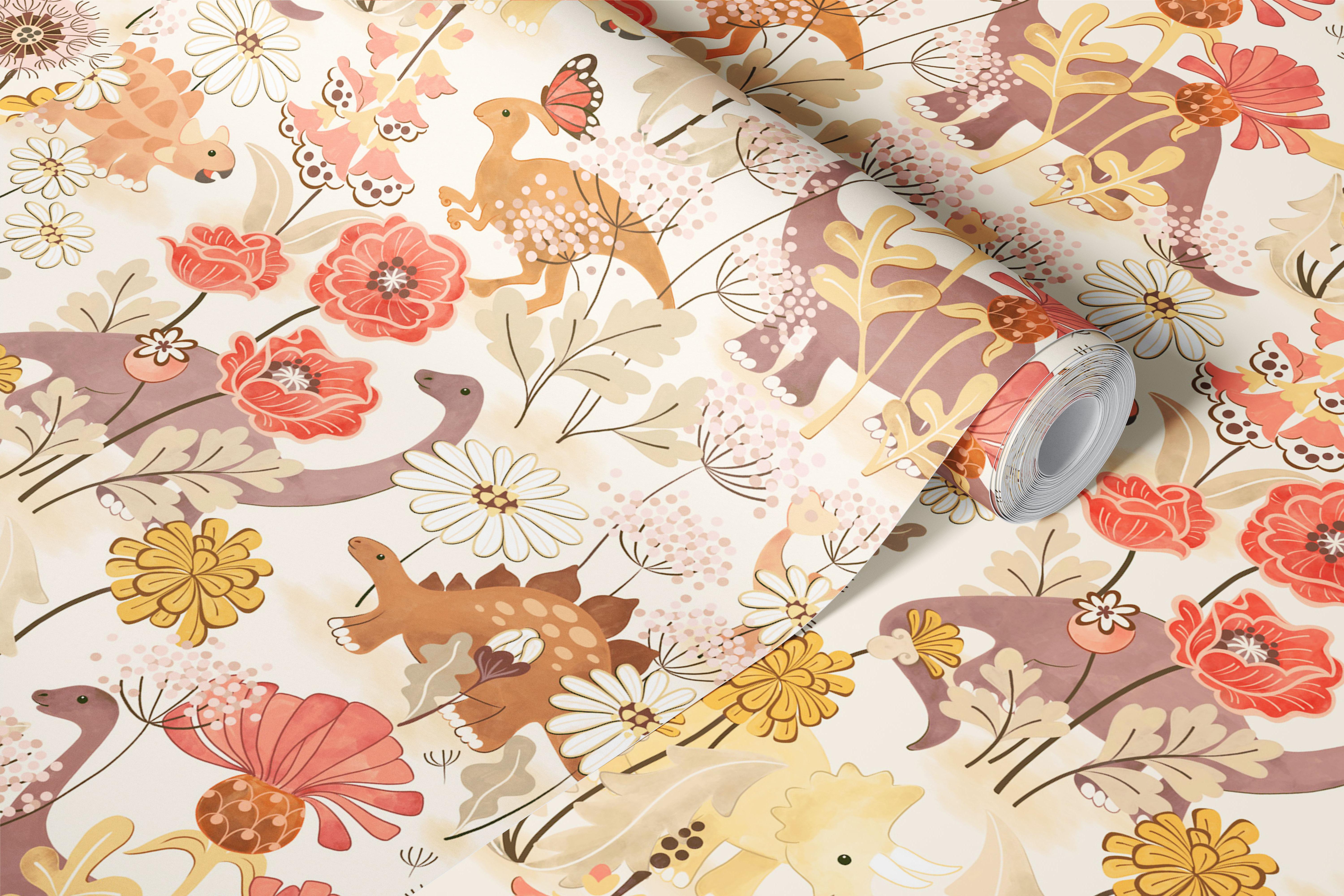 Colorful dinosaurs among flowers and foliage in soft neutral tones wallpaper