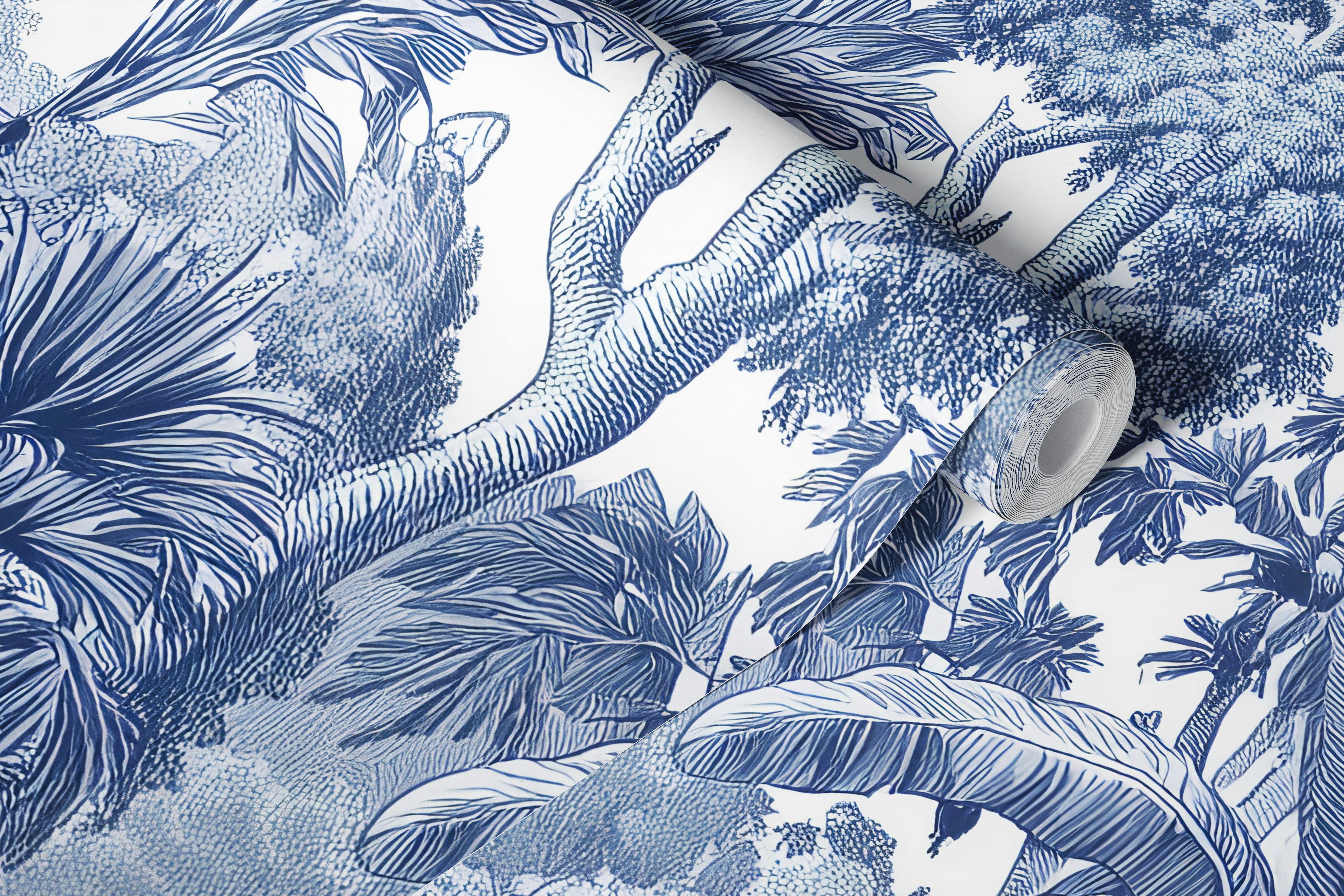 Tropical jungle scene with blue foliage and trees wallpaper