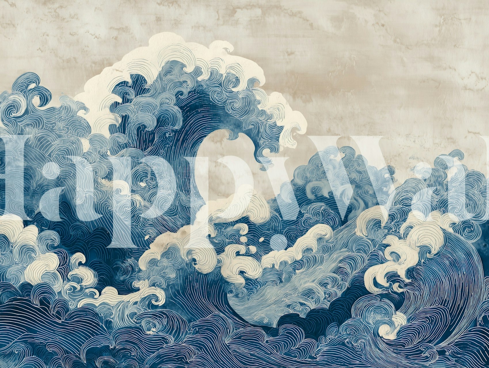 Intricate ocean waves in blue and white tones wallpaper