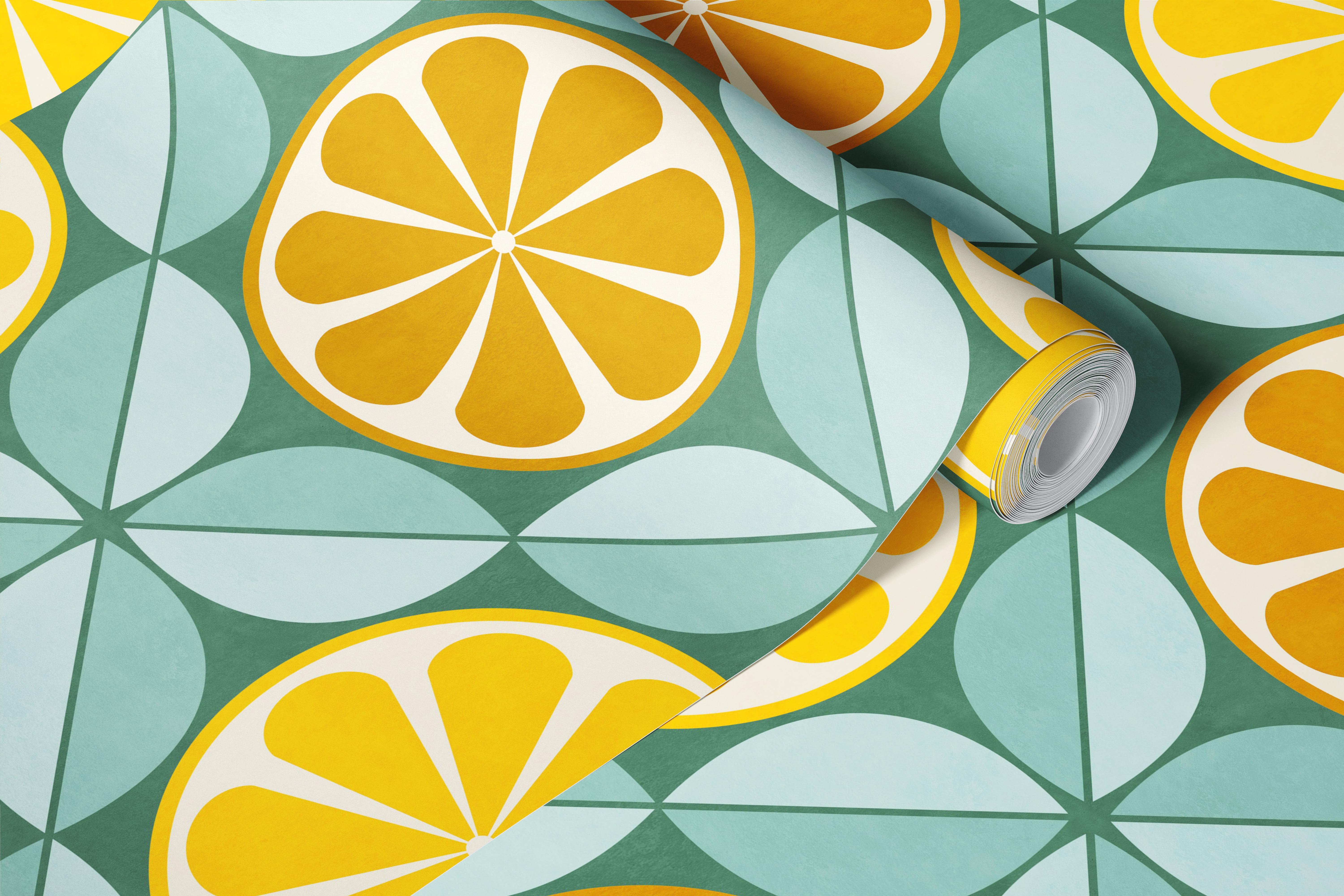 Citrus fruits and leaves design in yellow and teal geometric wallpaper