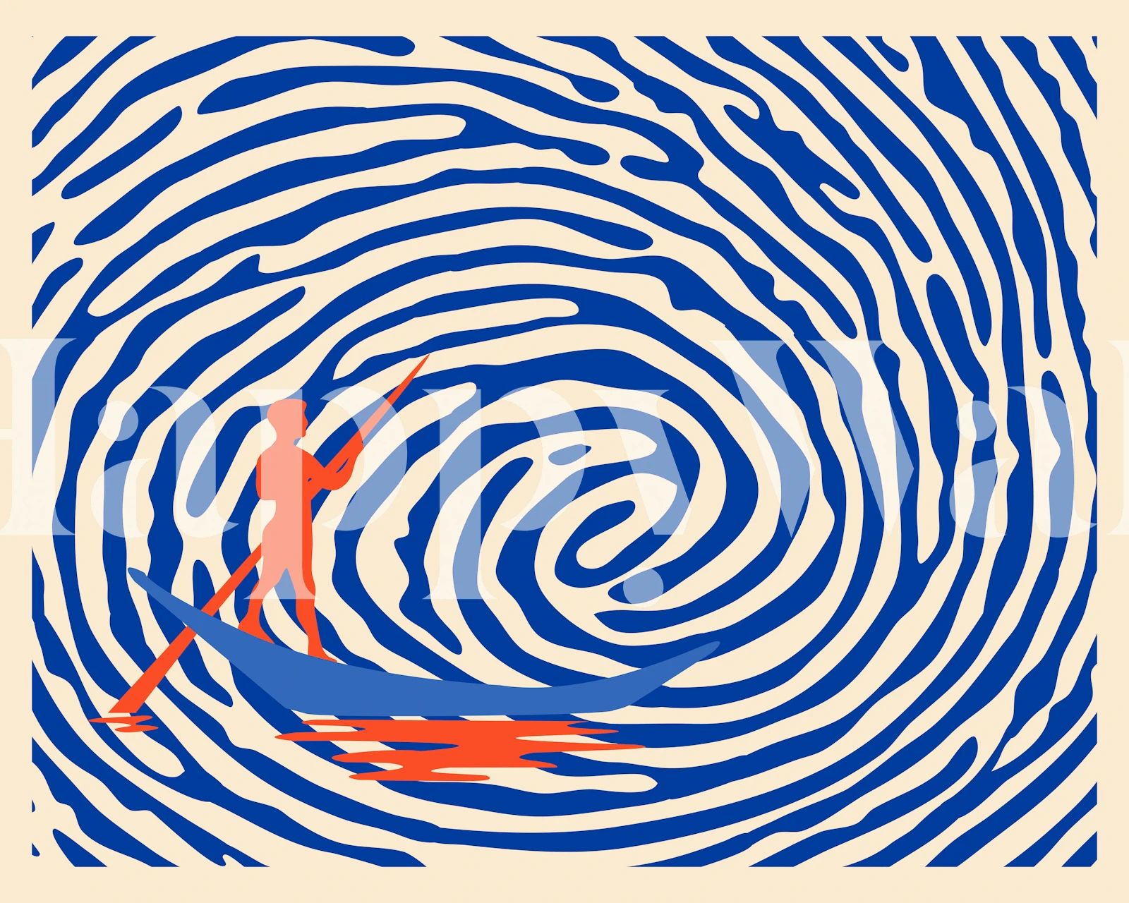 Abstract waves in navy and cream with a figure on a boat wallpaper