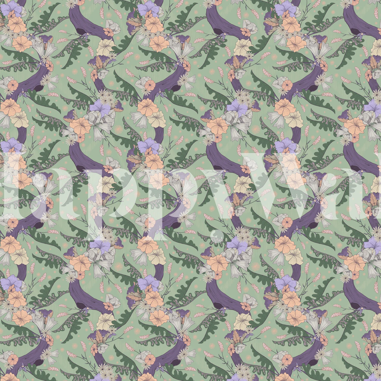 Floral patterns with lush green leaves and pastel flowers wallpaper