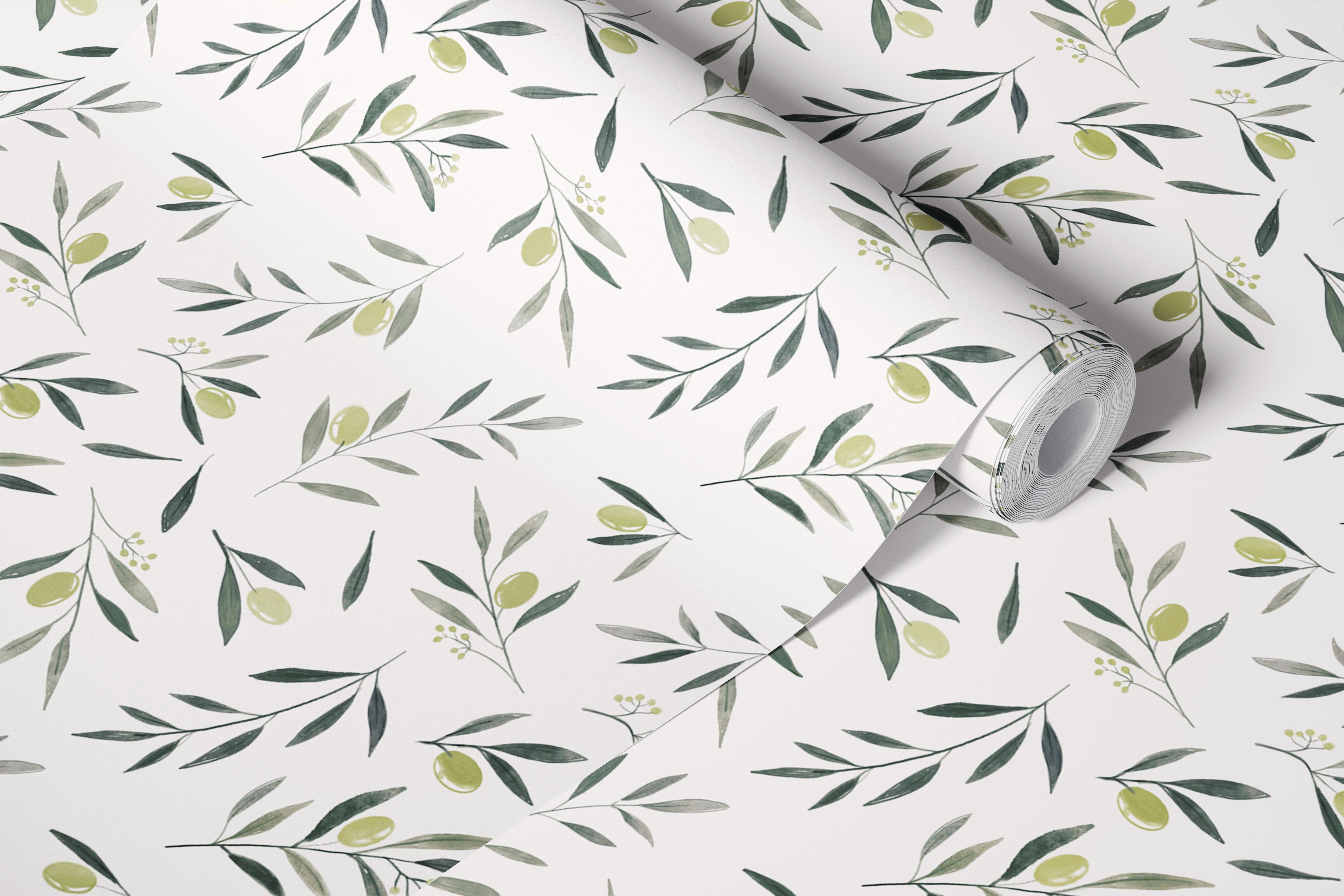 Watercolor olive garden leaves and fruit design wallpaper