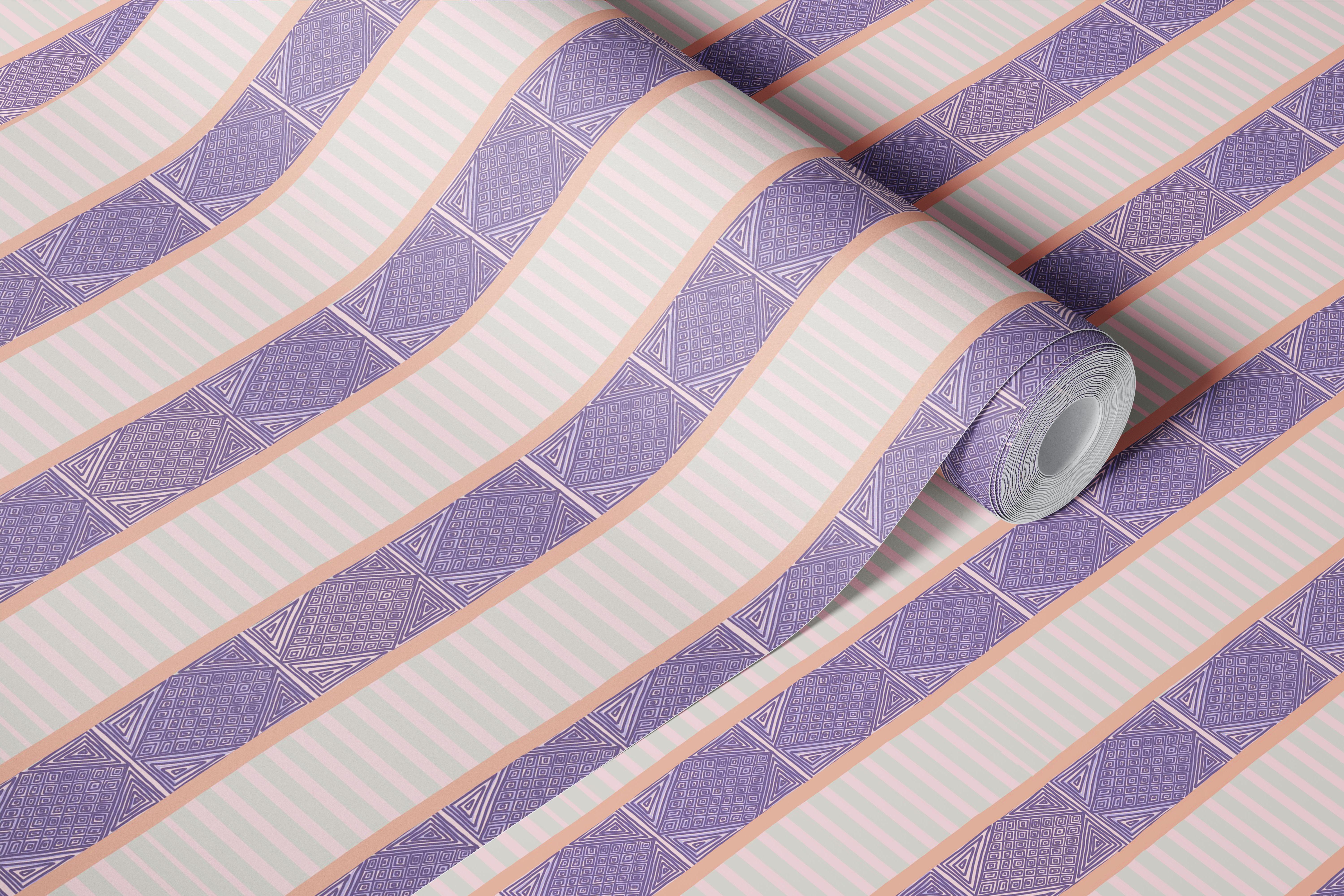 Purple and light pink striped wallpaper with geometric patterns