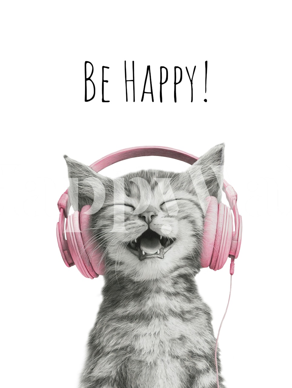 Happy cat wearing pink headphones on white background wallpaper
