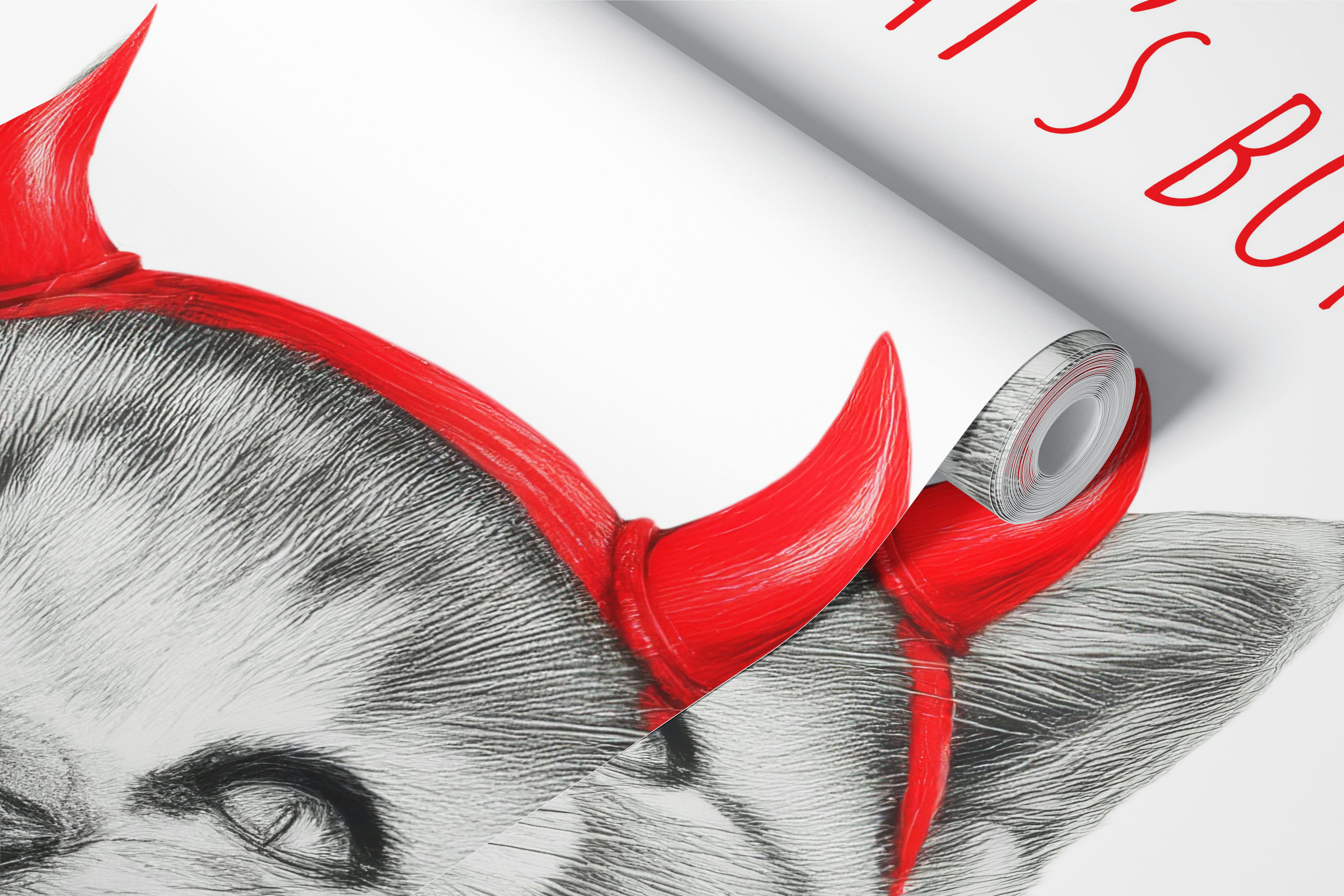 Playful gray kitten with red devil horns and text; funny wallpaper