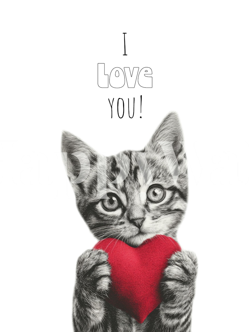 Cute cat holding a red heart, black white illustration wallpaper
