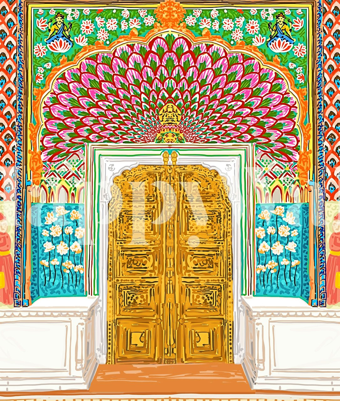 Intricate Jaipur palace entrance with gold doors, colorful floral patterns and vibrant hues wallpaper