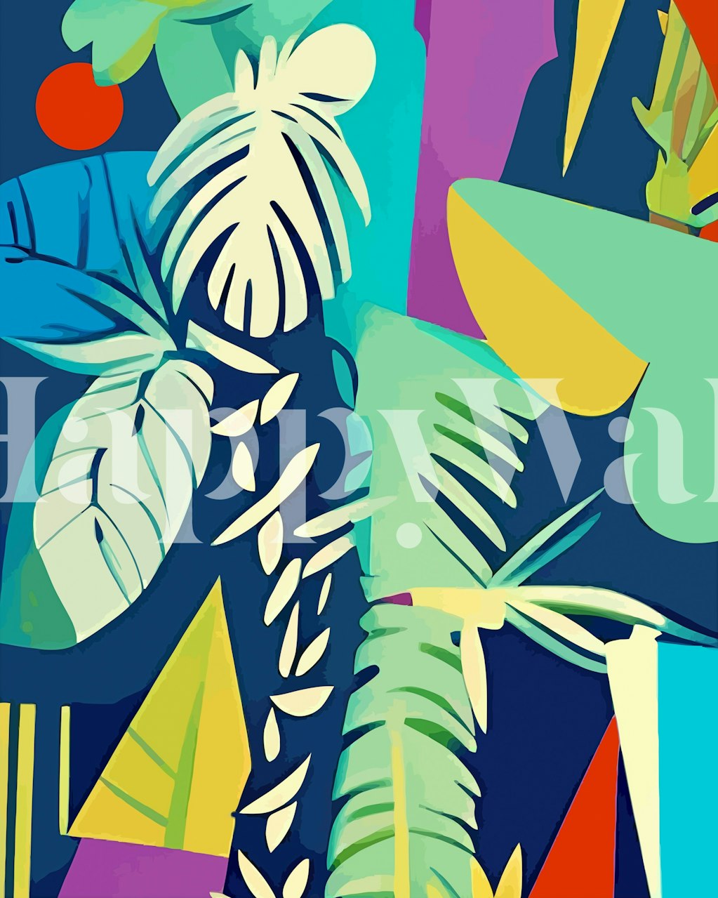 Colorful palm leaves in blue, green, and yellow geometric wallpaper