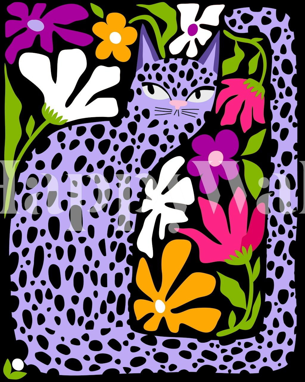 Purple Cat In Hiding tapetdesign med blommor