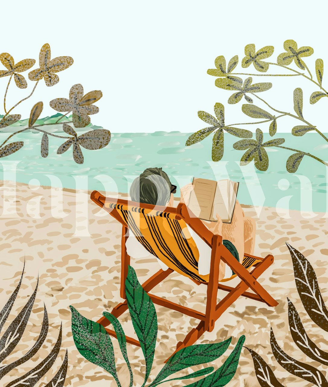 Person reading on a beach chair with green foliage and ocean tones wallpaper