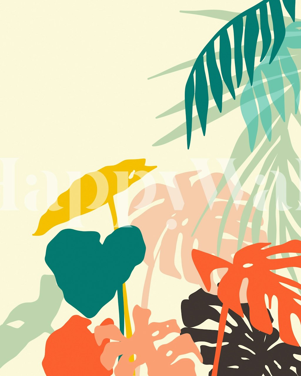 Colorful tropical leaves in various shapes on light background wallpaper