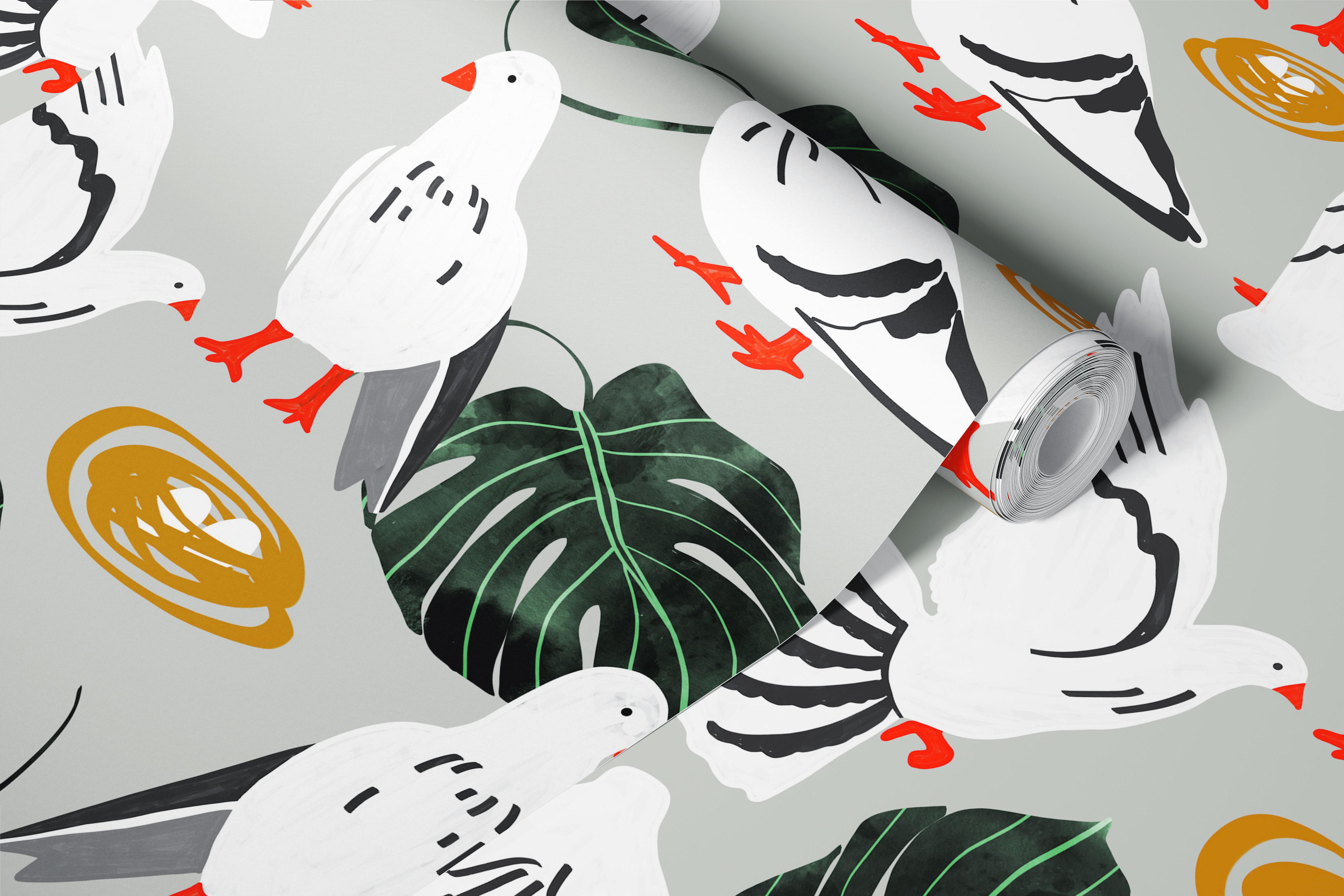 Tapettisuunnittelu, jossa on White Pigeons ja lehdet